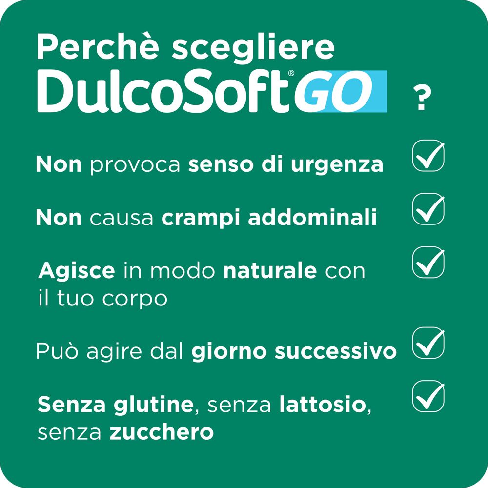 Informazioni su DulcoSoft GO: Non provoca urgenza, non causa crampi, agisce naturalmente, dal giorno successivo, senza glutine, lattosio e zuccheri.