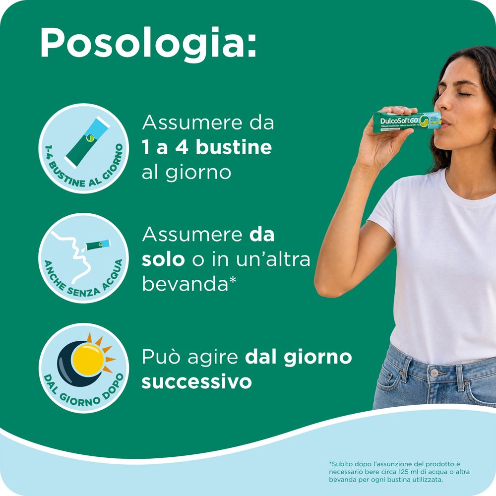 Donna beve una bustina di prodotto. Istruzioni: 1-4 bustine al giorno, da sole o in bevanda, effetto dal giorno successivo.