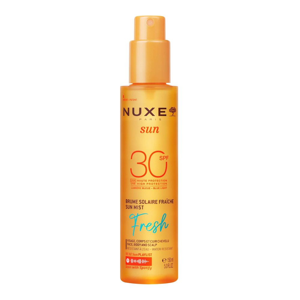 Flacone spray giallo-arancio. Scritta: NUXE Sun, SPF 30, Sun Mist Fresh. Per viso, corpo e capelli. 150ml.