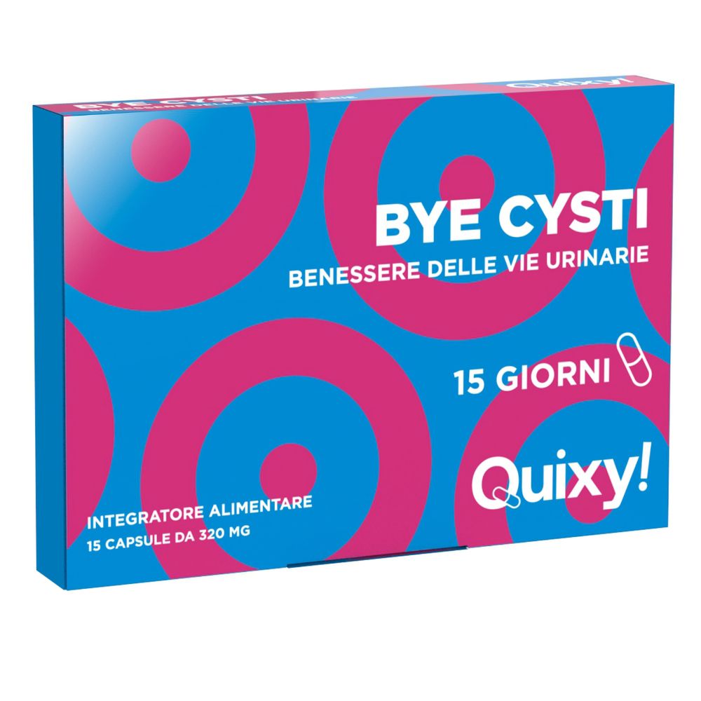 Scatola blu e rosa 'BYE CYSTI'. Contiene 15 capsule. Marchio: Quixy!. Scritto 'Integratore Alimentare'.