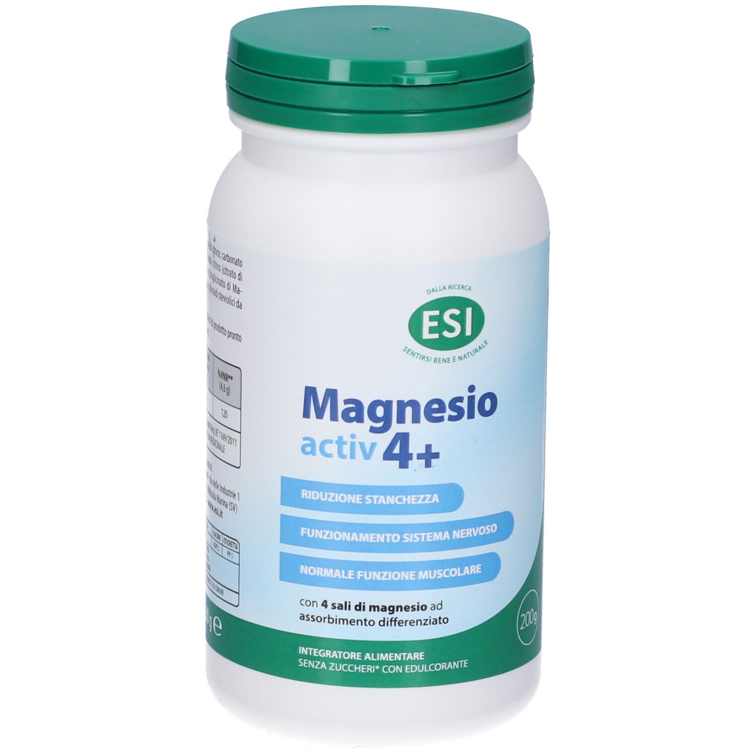 Flacone bianco con tappo verde. Scritta ESI, Magnesio activ 4+. Contiene 200g. Testo in italiano.