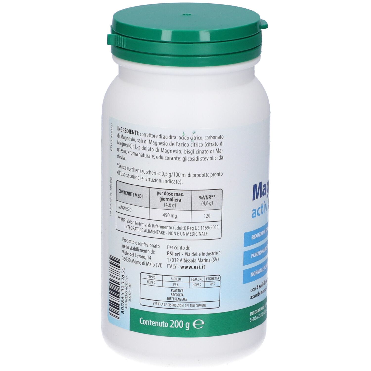 Retro del flacone bianco con tappo verde. Testo in italiano. Contiene 200g.