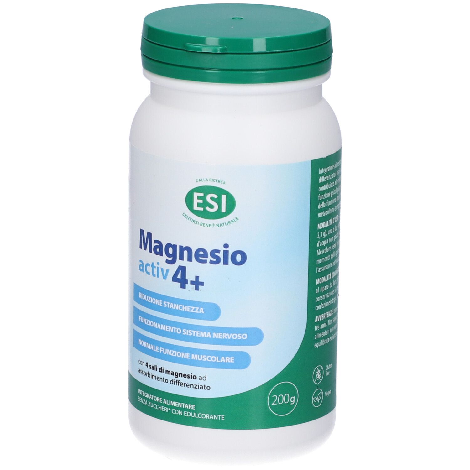 Flacone bianco con tappo verde. Scritta ESI, Magnesio activ 4+. Contiene 200g. Testo in italiano.