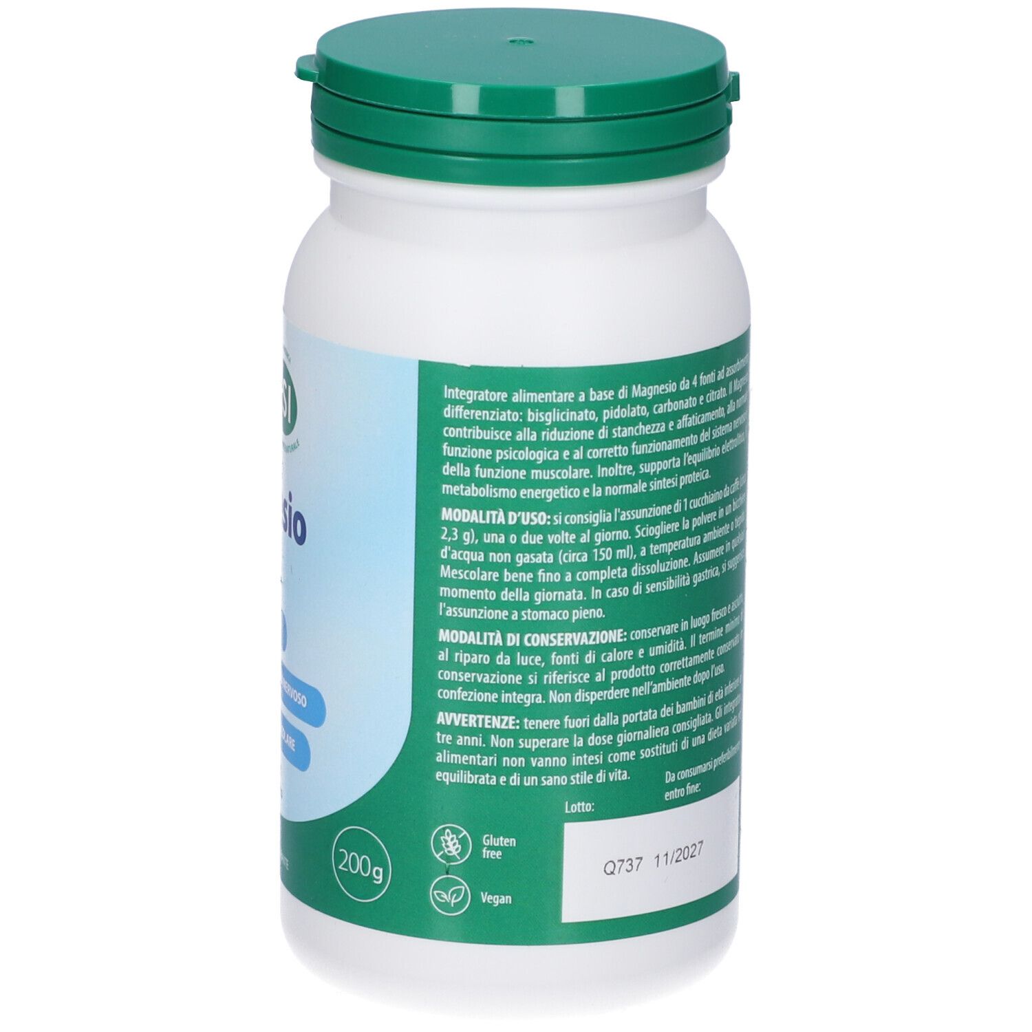 Retro del flacone bianco con tappo verde. Testo in italiano. Contiene 200g. Senza glutine, Vegan.