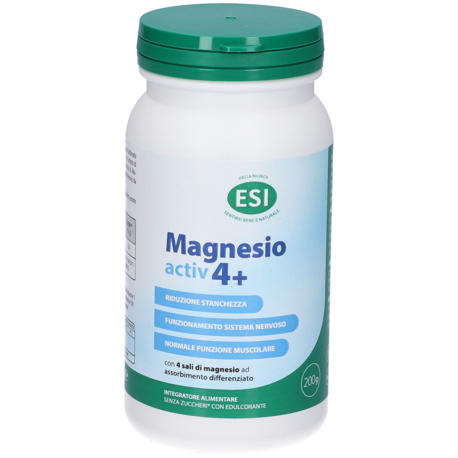 Flacone bianco con tappo verde. Scritta ESI, Magnesio activ 4+. Contiene 200g. Testo in italiano.