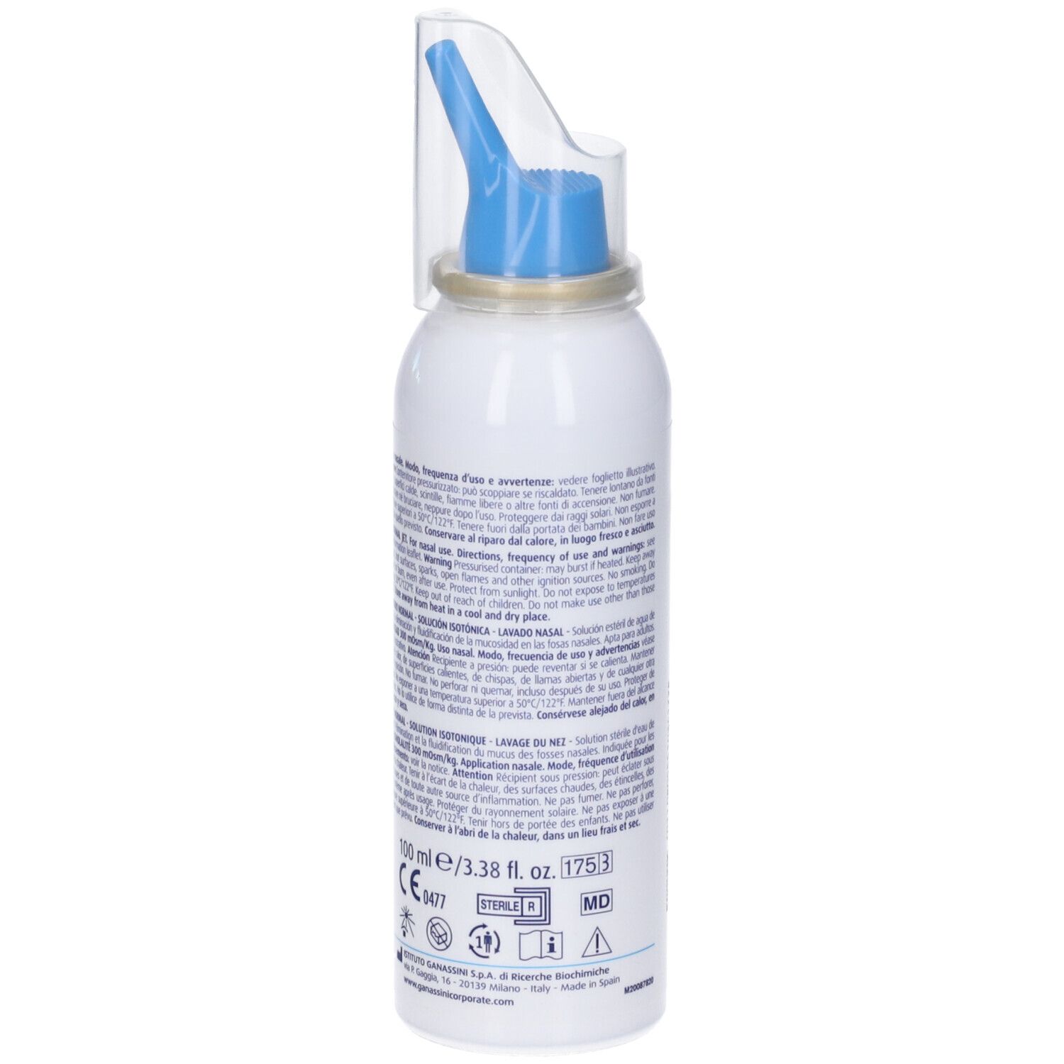 Weiße Sprühflasche mit blauem Sprühkopf und durchsichtiger Kappe. Text auf der Rückseite. Details zur Zusammensetzung.