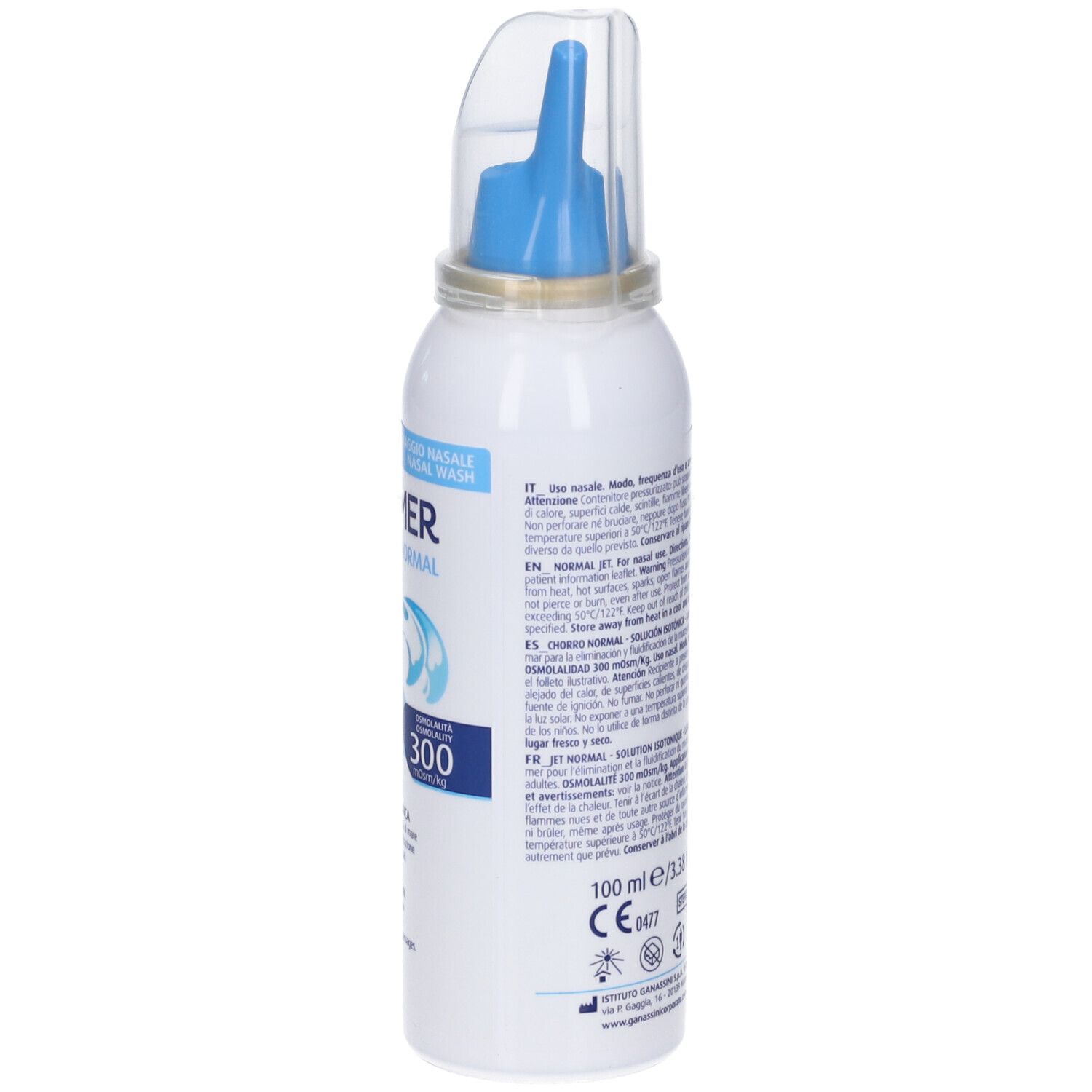 Weiße Sprühflasche mit blauem Sprühkopf und durchsichtiger Kappe. Text auf der Rückseite. Details zur Zusammensetzung.
