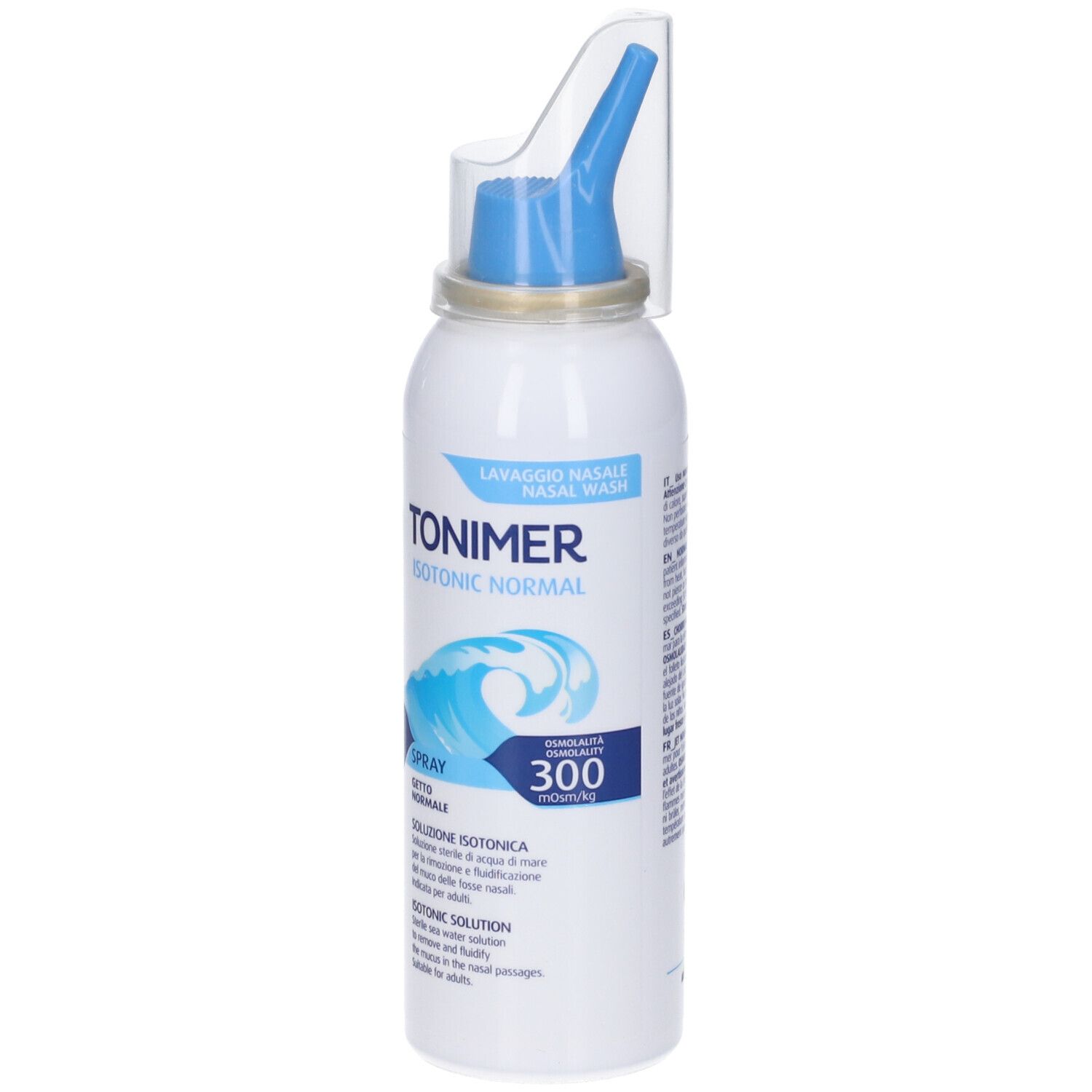 Weiß-blaue Sprühflasche mit blauem Sprühkopf und durchsichtiger Kappe. Text: TONIMER ISOTONIC NORMAL, Spray, 300.
