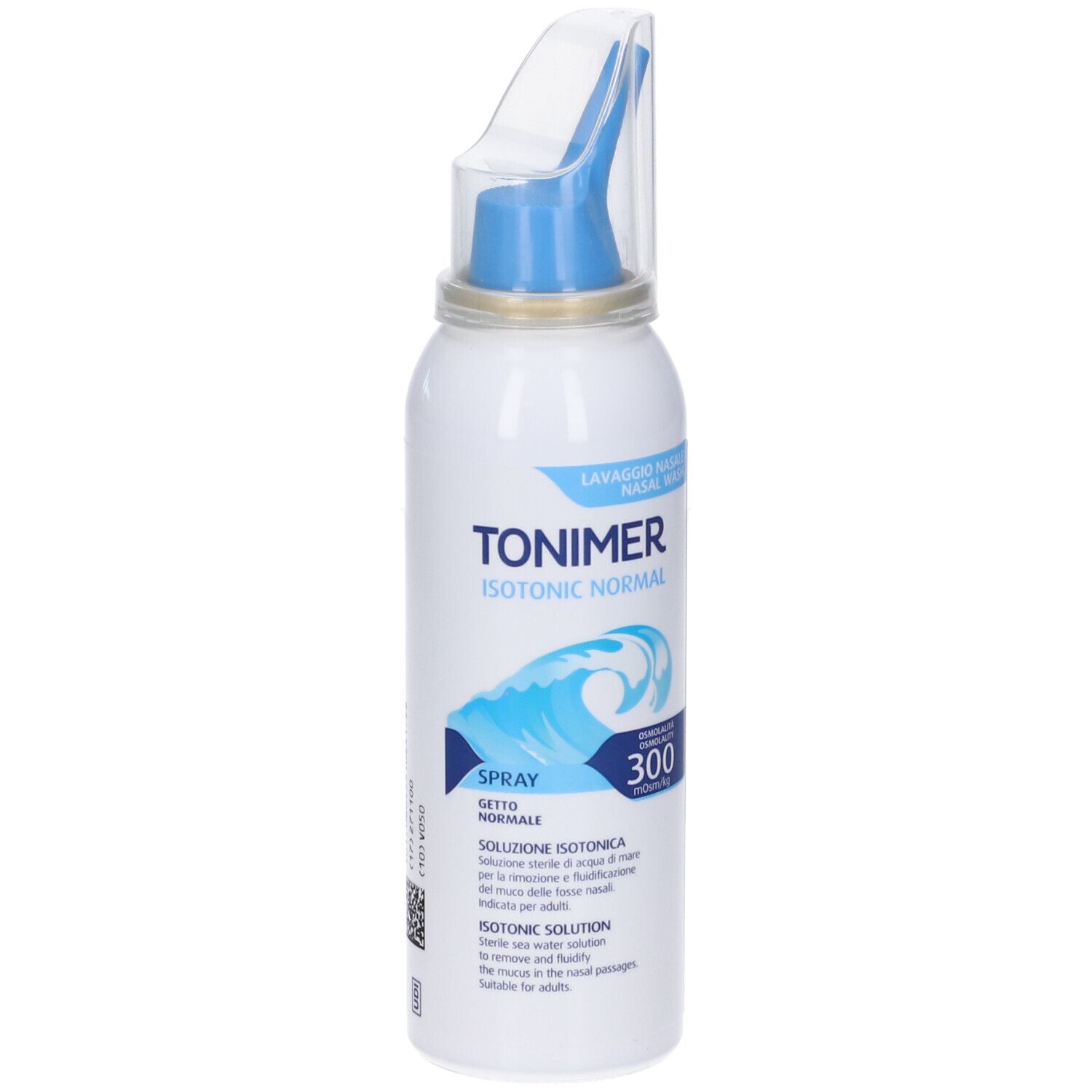 Weiß-blaue Sprühflasche mit blauem Sprühkopf und durchsichtiger Kappe. Text: TONIMER ISOTONIC NORMAL, Spray, 300.