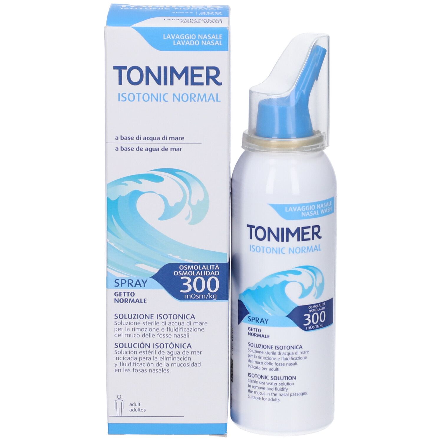 Produktverpackung und Sprühflasche. Text: TONIMER ISOTONIC NORMAL, Spray, 300. Box mit Wellenmuster und Produktnamen.