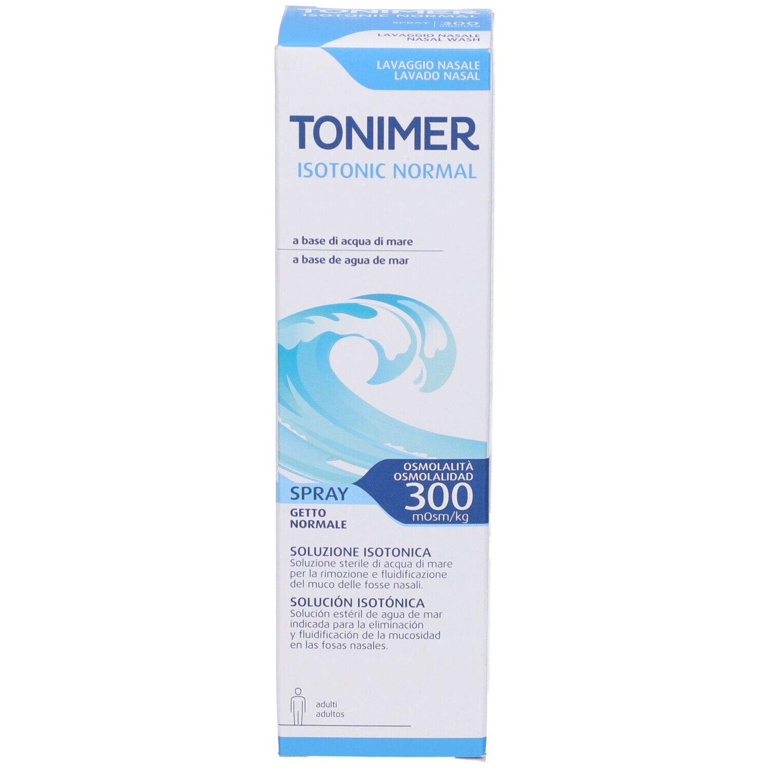 Produktverpackung. Text: TONIMER ISOTONIC NORMAL, Spray, 300. Box mit Wellenmuster und Produktnamen.