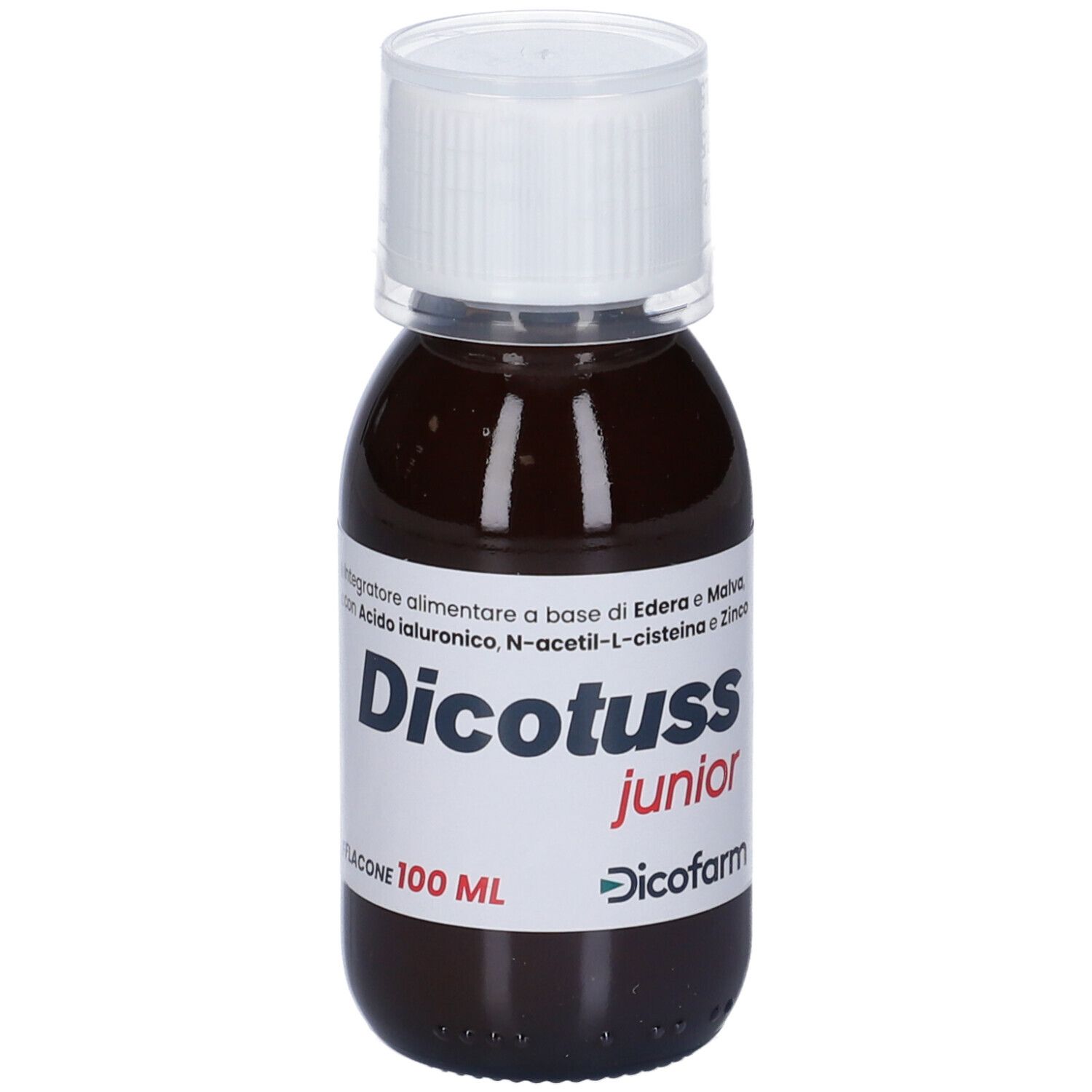 Braune Flasche mit weißem Deckel. Etikett mit Produktnamen Dicotuss junior und Inhaltsstoffen. 100 ml.