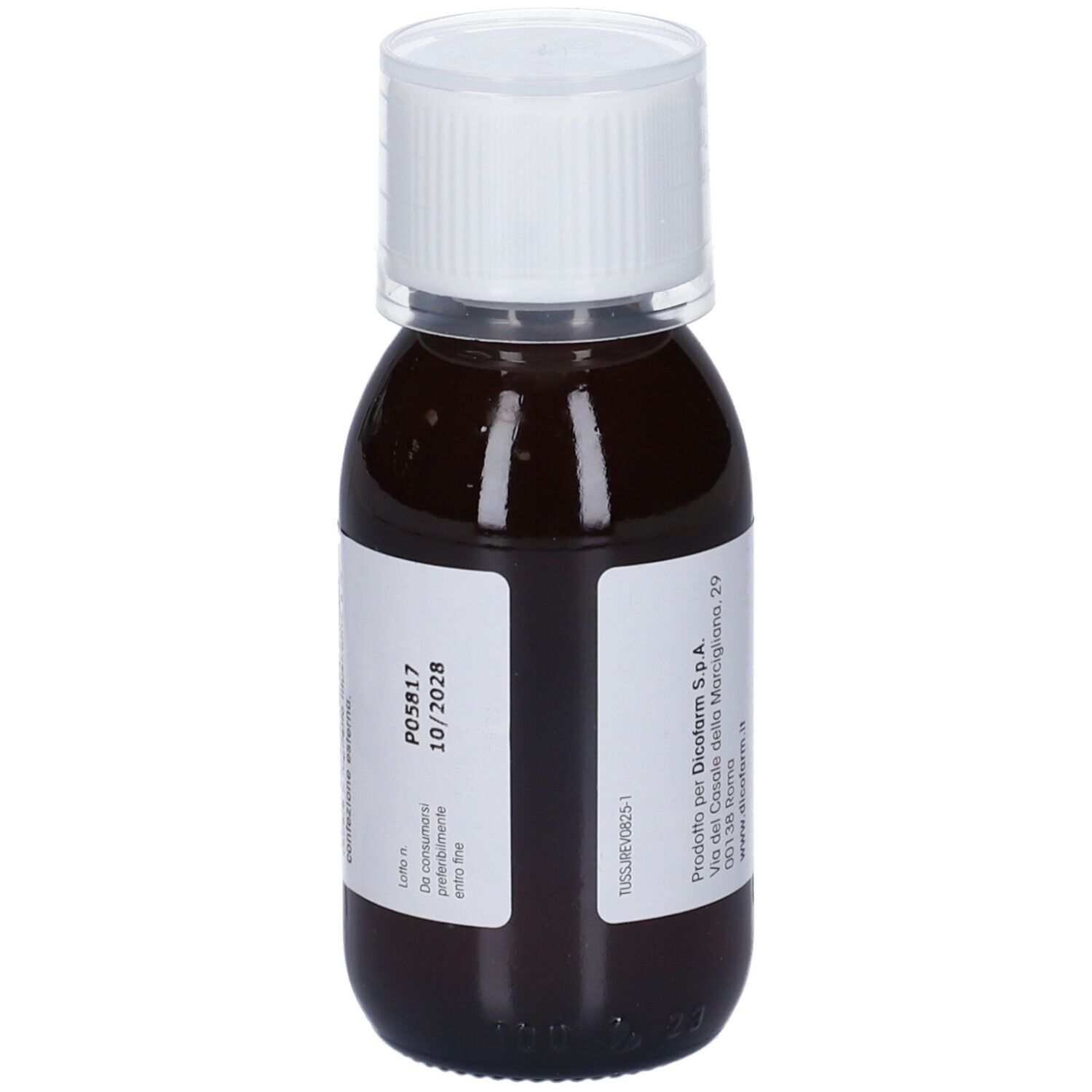 Braune Flasche mit weißem Deckel. Etikett mit Informationen und Verfallsdatum. 100 ml.