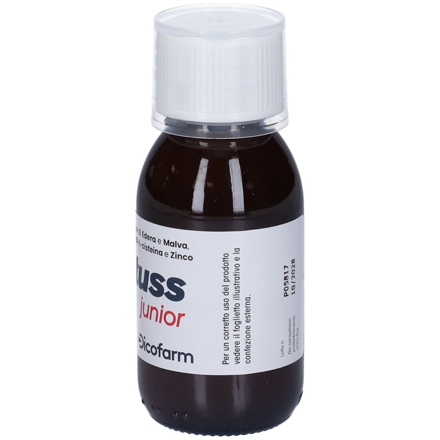 Braune Flasche mit weißem Deckel. Etikett mit Produktnamen Dicotuss junior und Inhaltsstoffen. 100 ml.