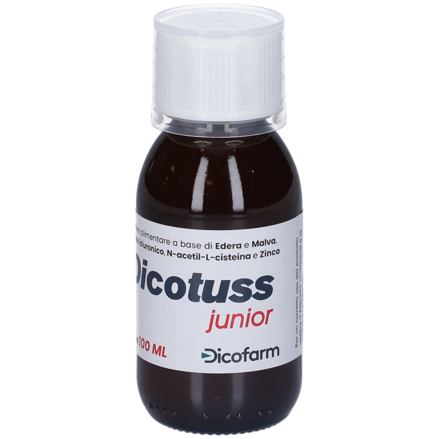 Braune Flasche mit weißem Deckel. Etikett mit Produktnamen Dicotuss junior und Inhaltsstoffen. 100 ml.