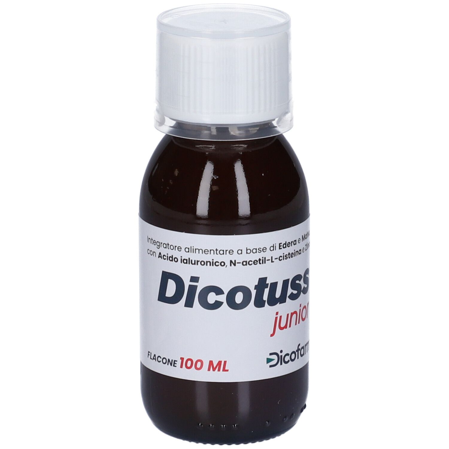 Braune Flasche mit weißem Deckel. Etikett mit Produktnamen Dicotuss junior und Inhaltsstoffen. 100 ml.