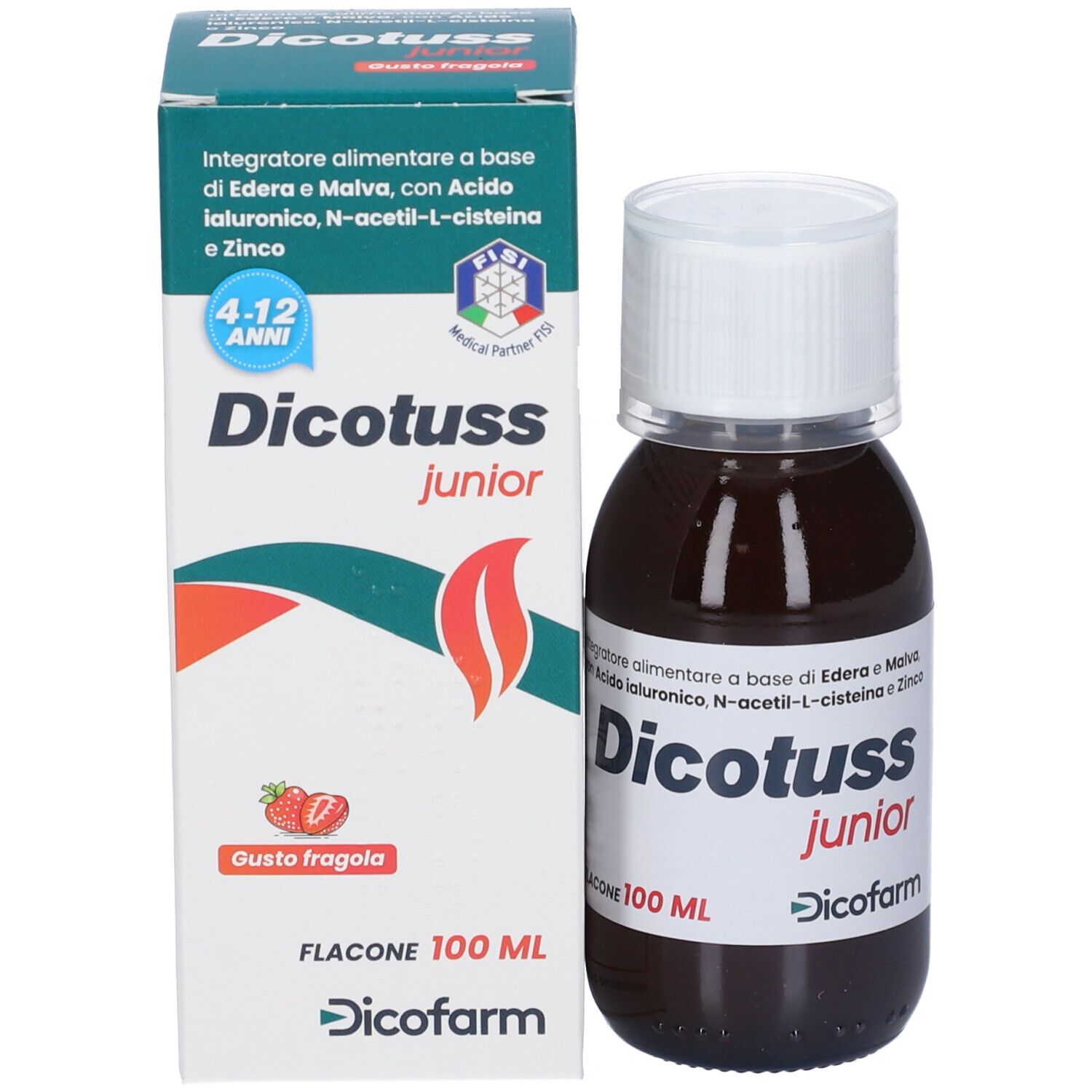 Dicotuss junior Flasche und Verpackung. Verpackung mit Produktnamen, Inhaltsstoffen und Logo. 100 ml.