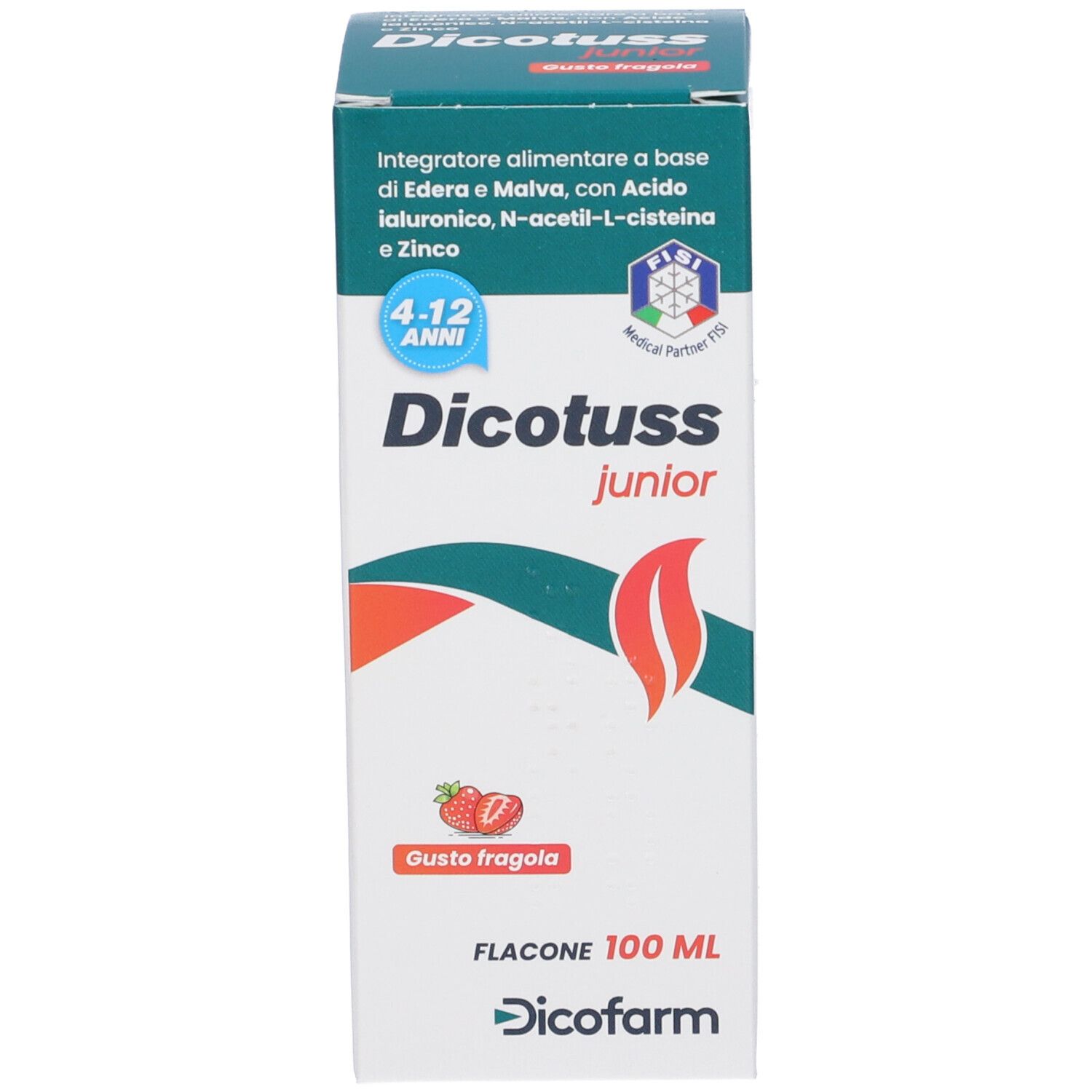 Dicotuss junior Verpackung. Verpackung mit Produktnamen, Inhaltsstoffen, Logo und Erdbeere-Geschmack. 100 ml.