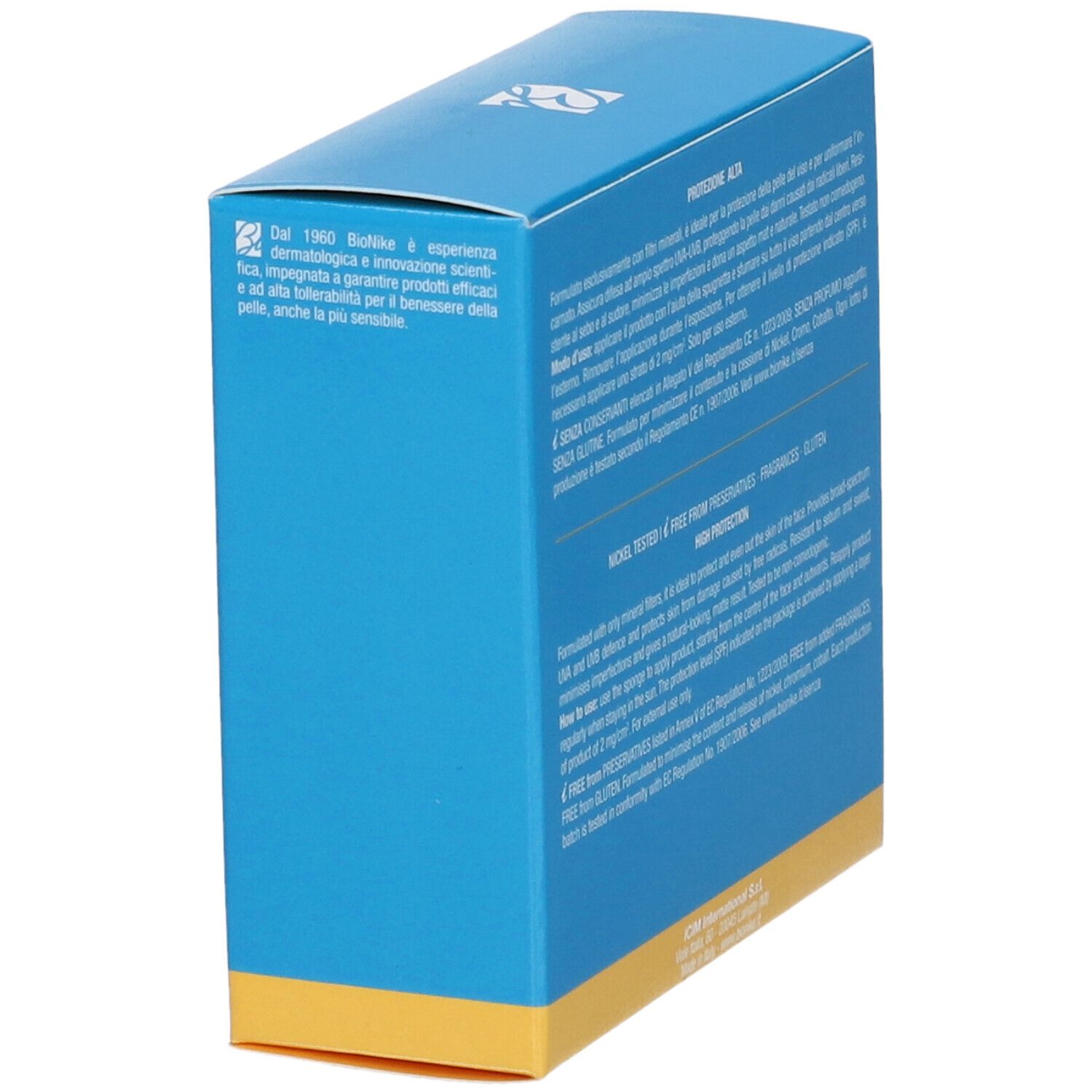 Blaue Verpackung mit gelbem Streifen, Text in Weiß und Blau.