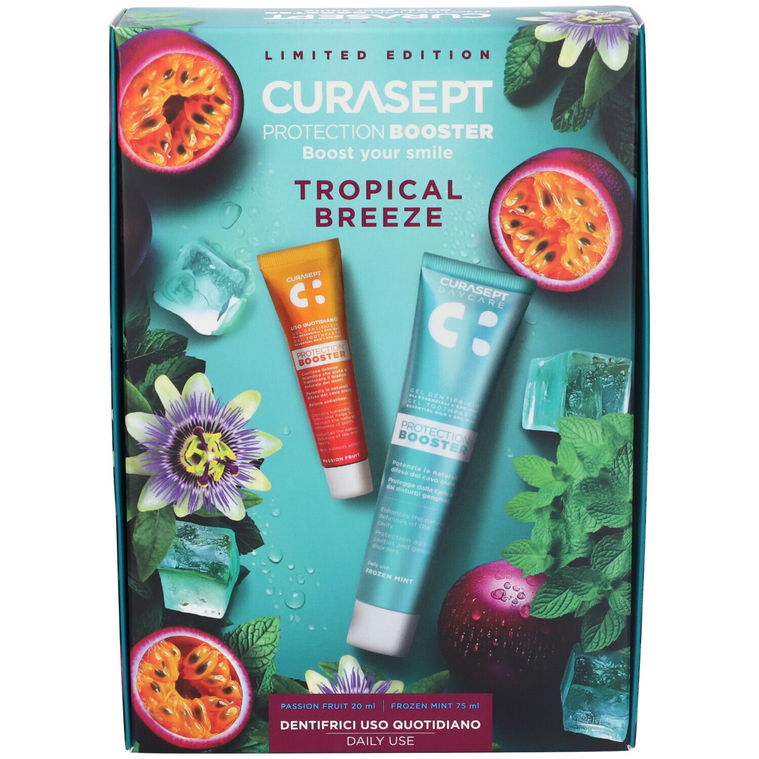 Curasept Tropical Breeze Protection Booster Set Dentifricio Frozen Mint + Passion Fuit