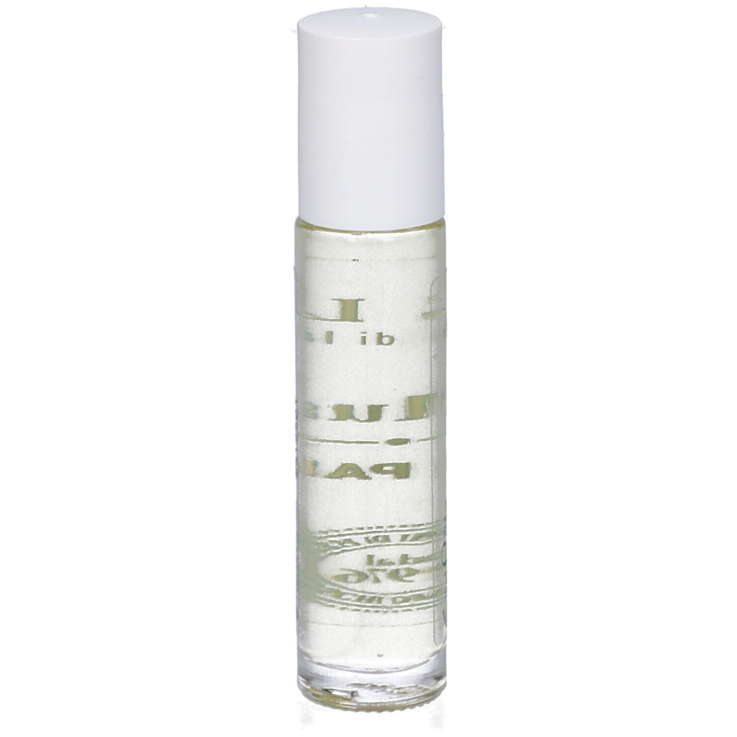Flacone roll-on trasparente con tappo bianco. Scritta: Helan, PuroMuschio, OIL DE PARFUM. Logo e testo sull'etichetta.