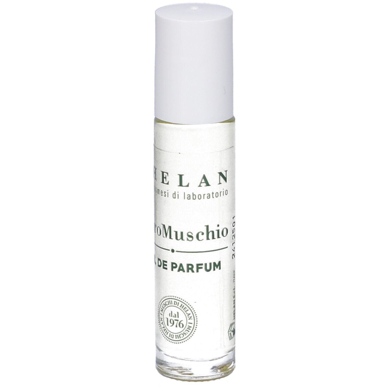 Flacone roll-on trasparente con tappo bianco. Scritta: Helan, PuroMuschio, OIL DE PARFUM. Logo: Helan, dal 1976.