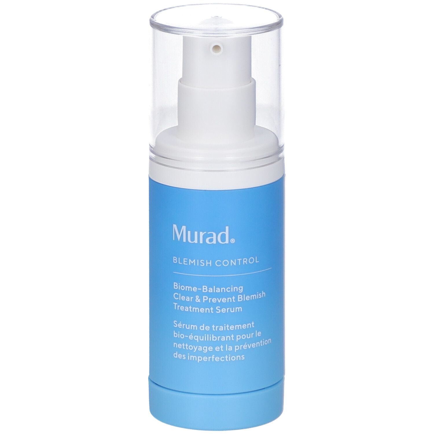 Blau-weiße Flasche mit Pumpe. Aufschrift: Murad, Blemish Control, Serum. Klare Kappe.