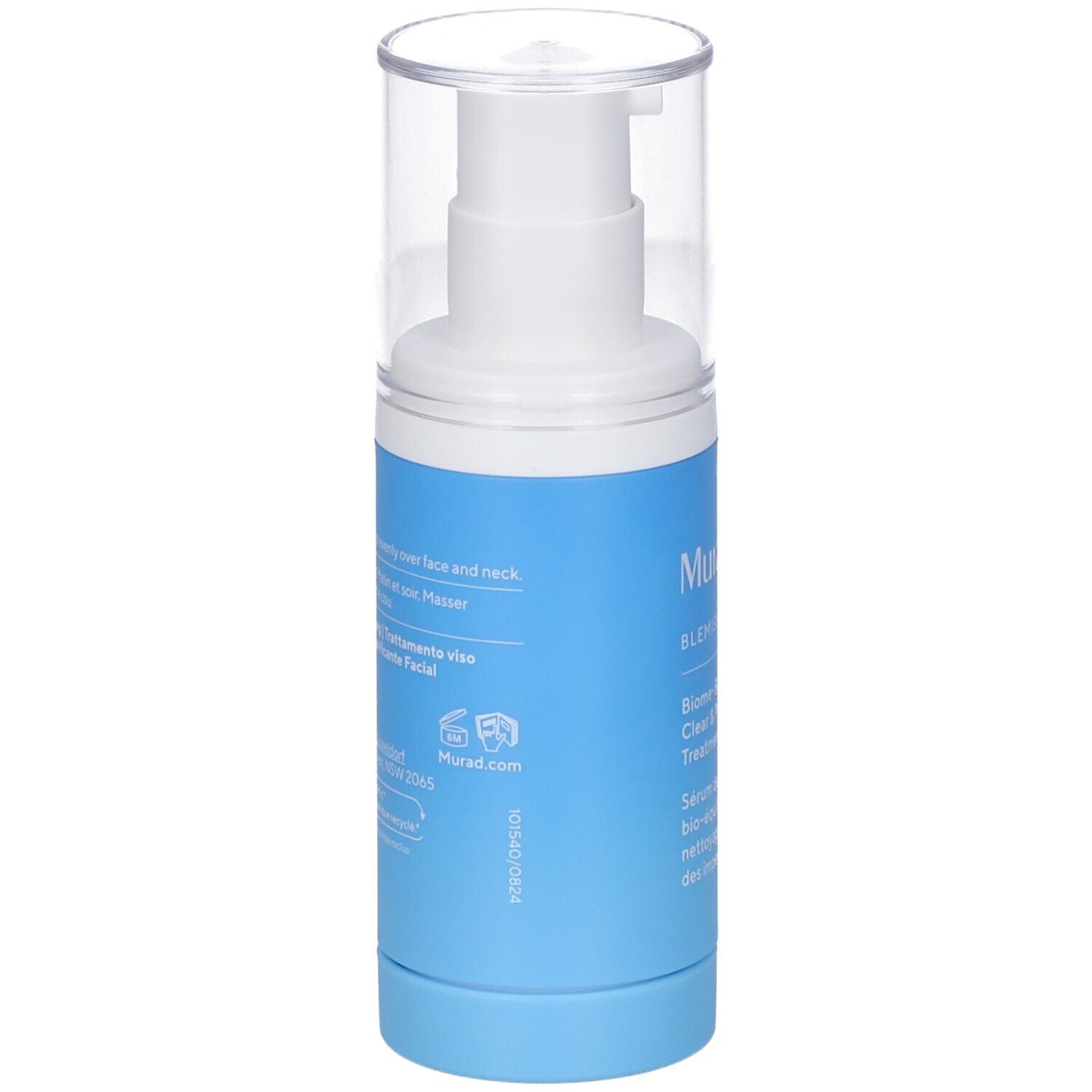 Rückseite der Flasche. Aufschrift: Murad, Blemish Control, Serum. Text in mehreren Sprachen.