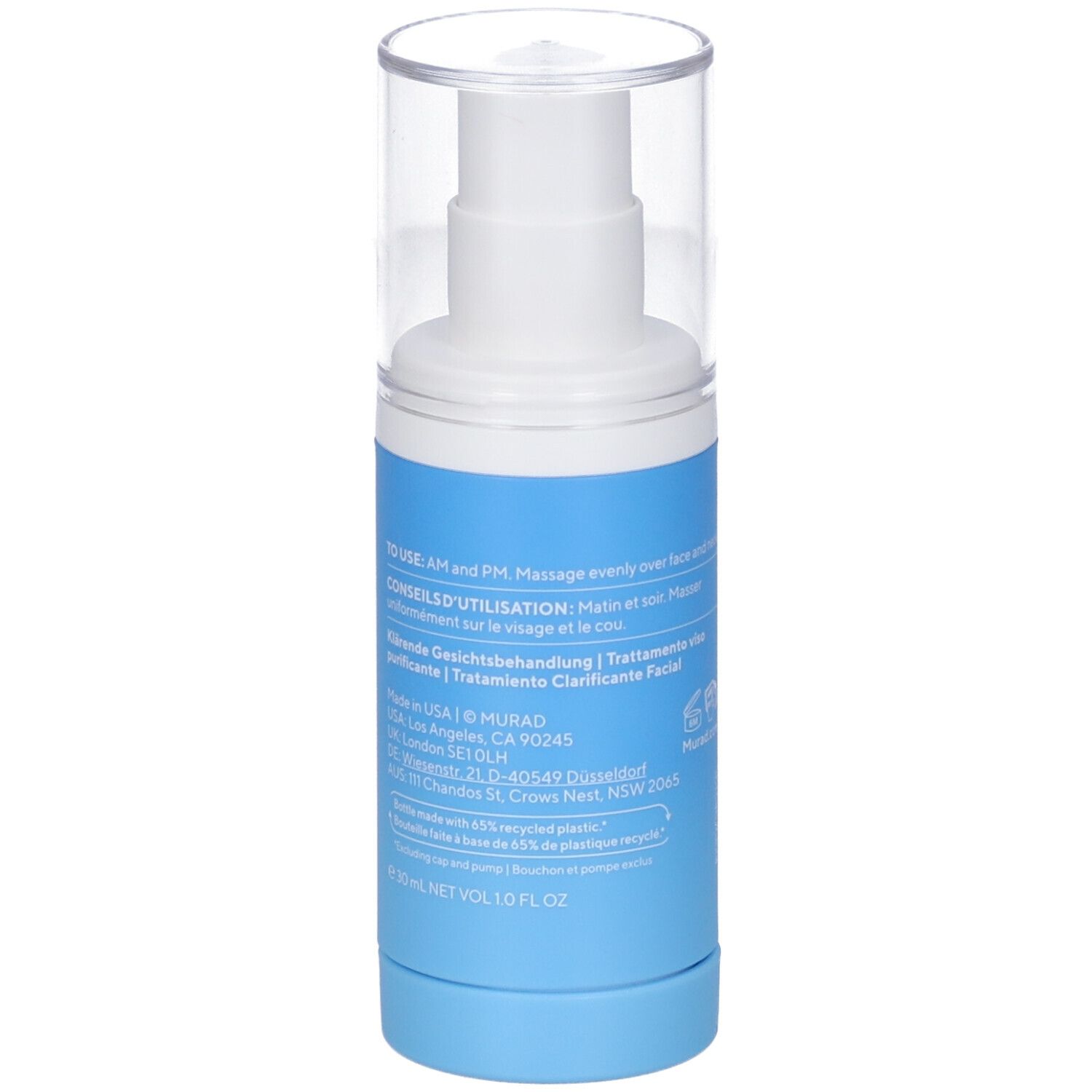 Rückseite der Flasche. Aufschrift: Murad, Blemish Control, Serum. Text in mehreren Sprachen.