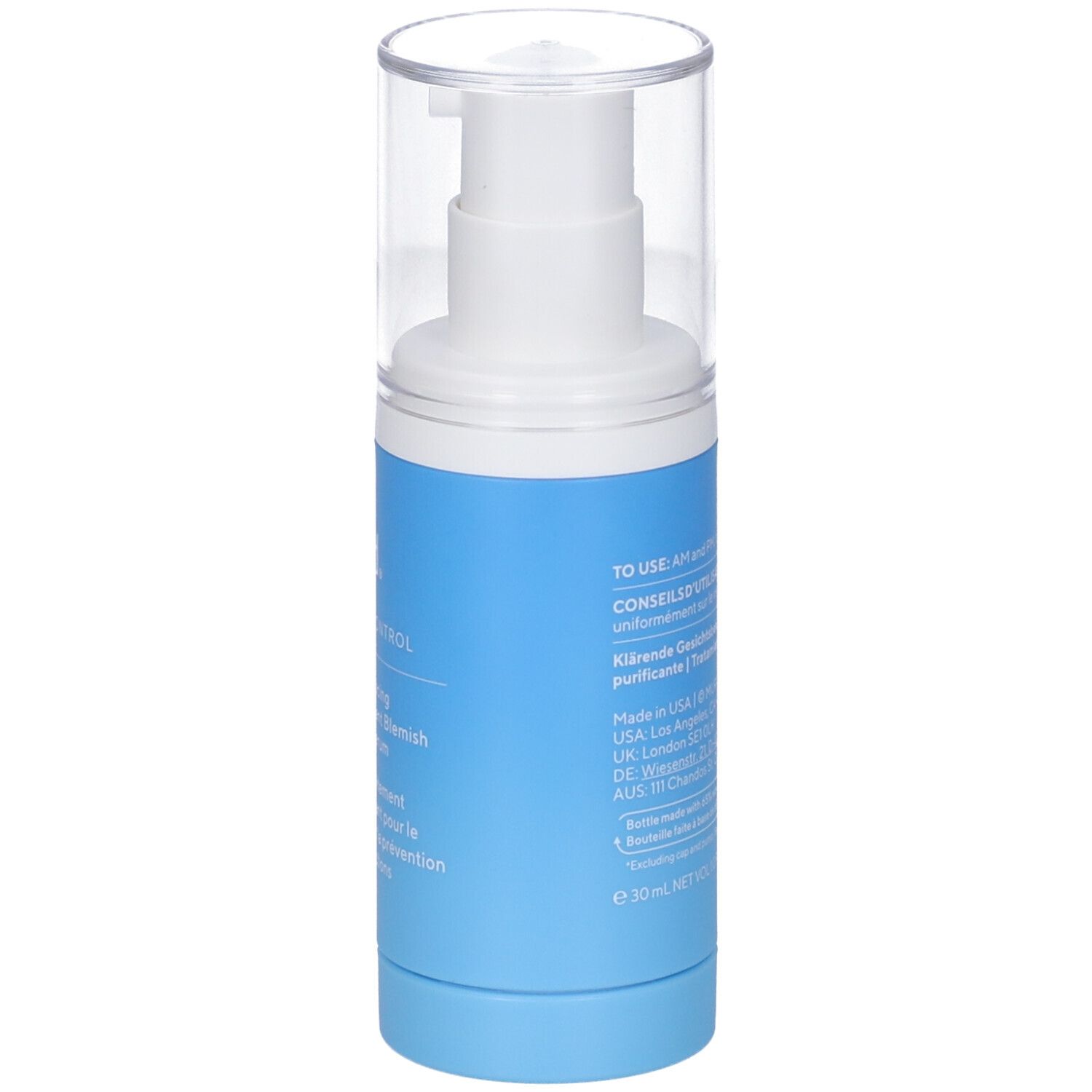 Blau-weiße Flasche mit Pumpe. Aufschrift: Murad, Blemish Control, Serum. Klare Kappe.