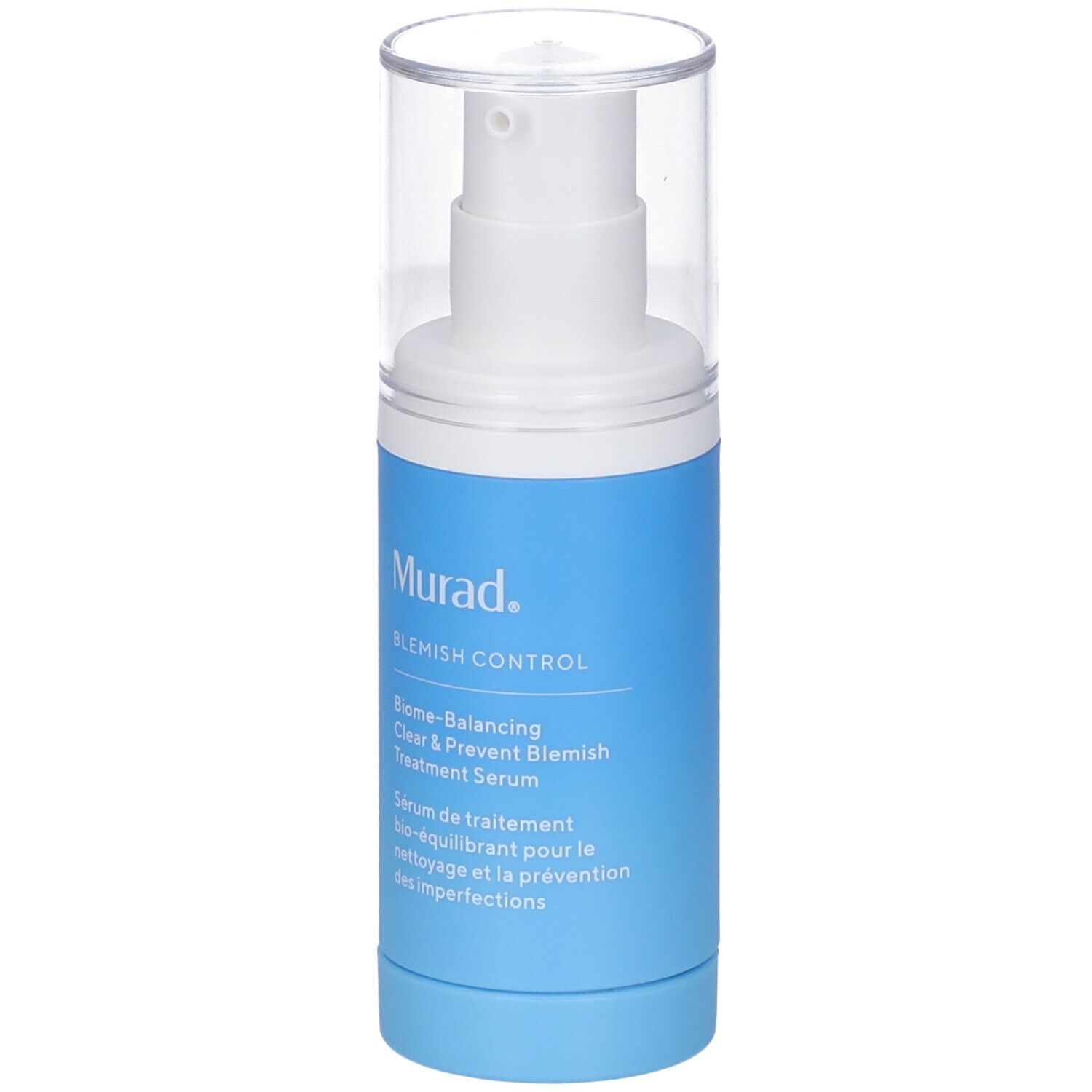 Blau-weiße Flasche mit Pumpe. Aufschrift: Murad, Blemish Control, Serum. Klare Kappe.
