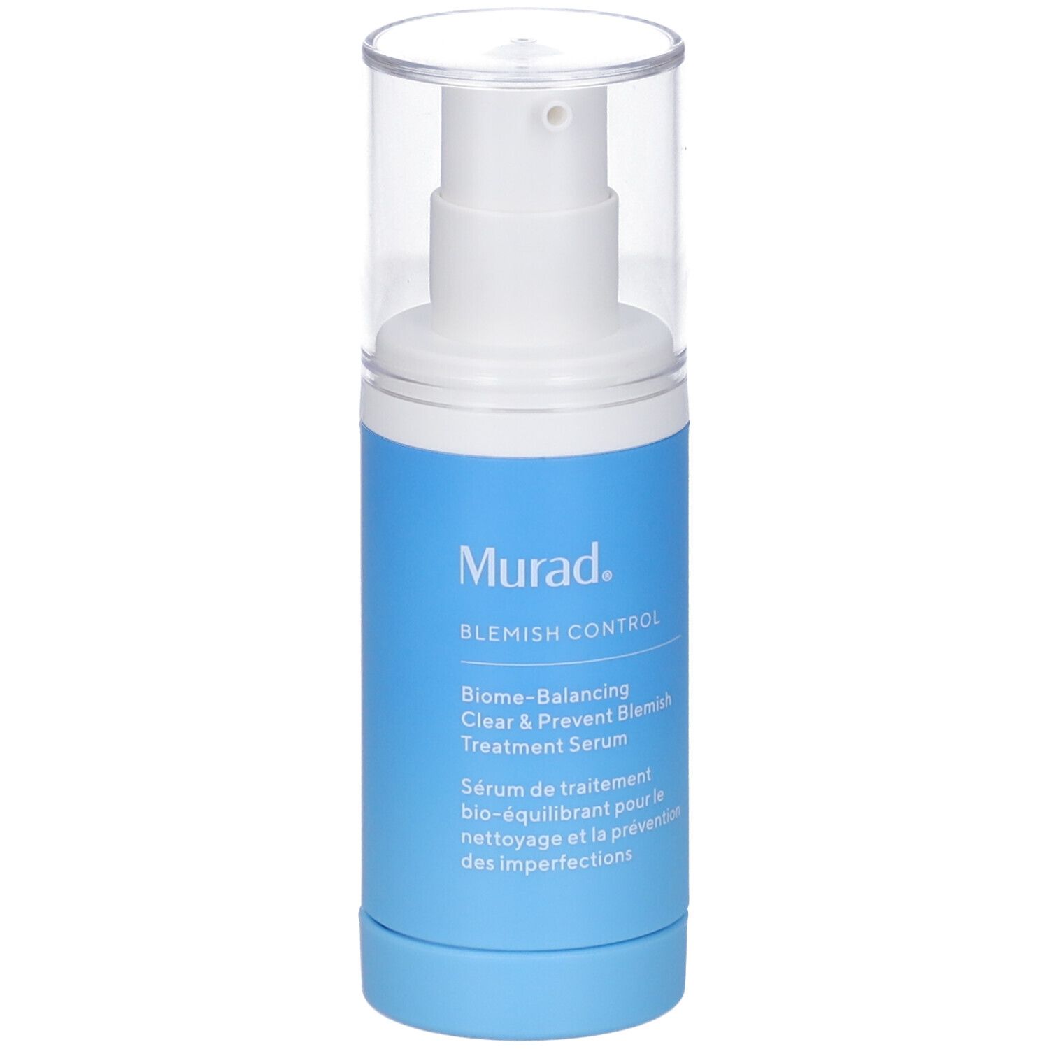 Blau-weiße Flasche mit Pumpe. Aufschrift: Murad, Blemish Control, Serum. Klare Kappe.