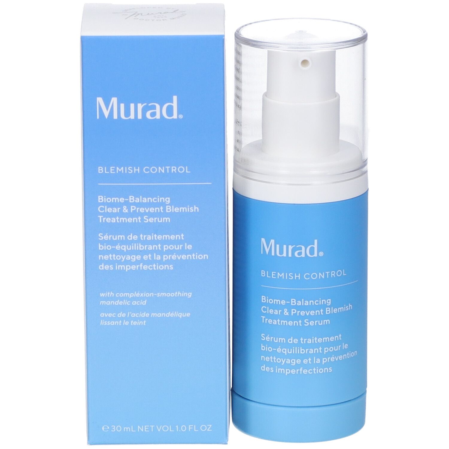 Produkt und Verpackung. Flasche und Schachtel. Aufschrift: Murad, Blemish Control, Serum.