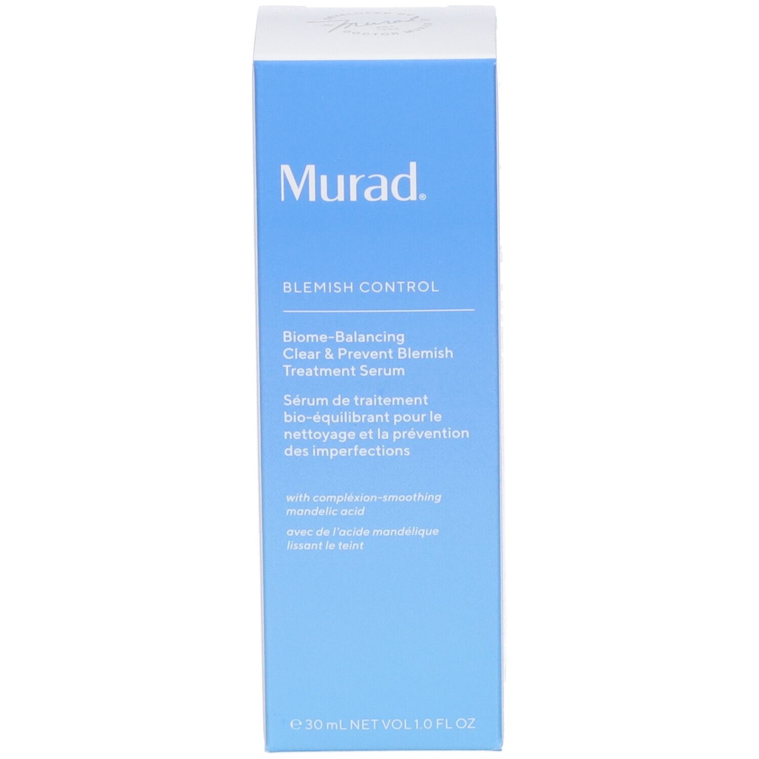 Blaue Schachtel. Aufschrift: Murad, Blemish Control, Serum. Text in mehreren Sprachen.