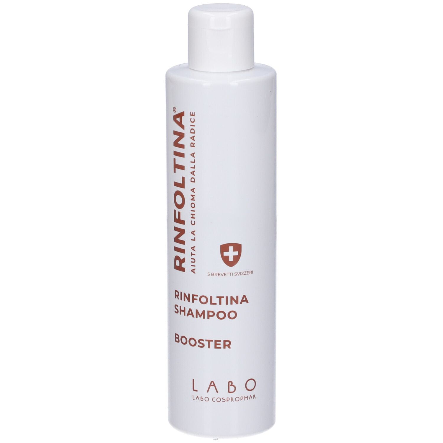 Flacone bianco Rinfóltina Shampoo Booster con simbolo croce rossa e testo.