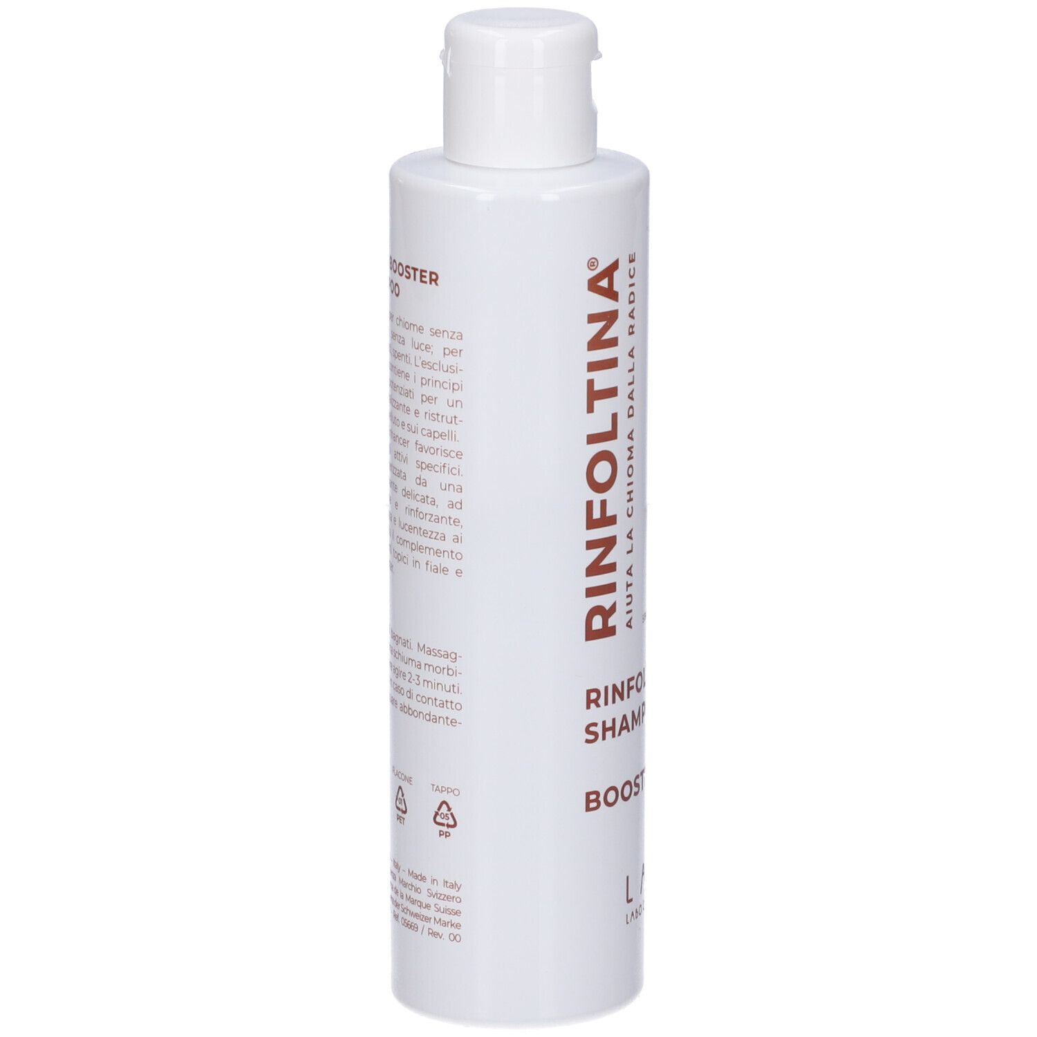 Flacone bianco con scritta RINFOLTINA SHAMPOO BOOSTER e testi in italiano.