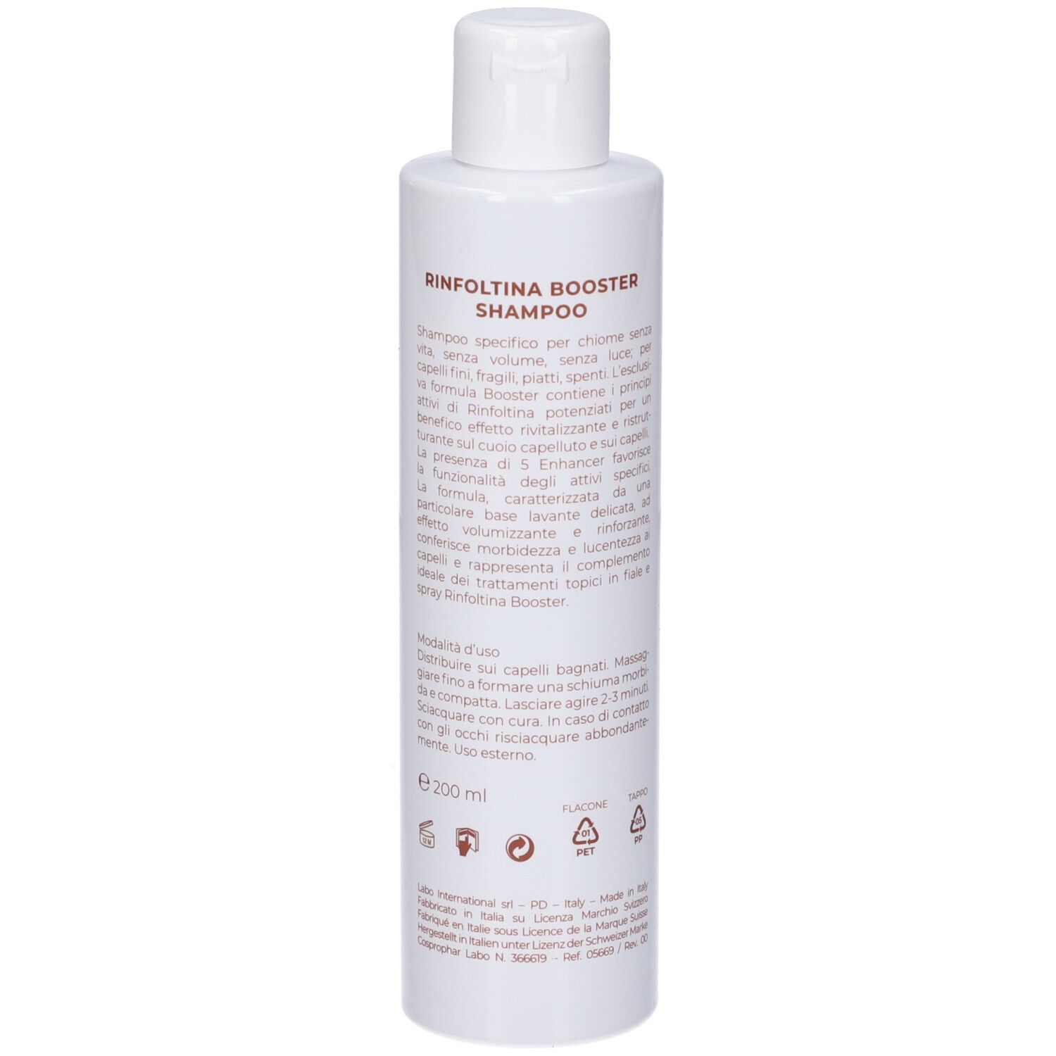 Flacone bianco con Rinfóltina Booster Shampoo, 200 ml.