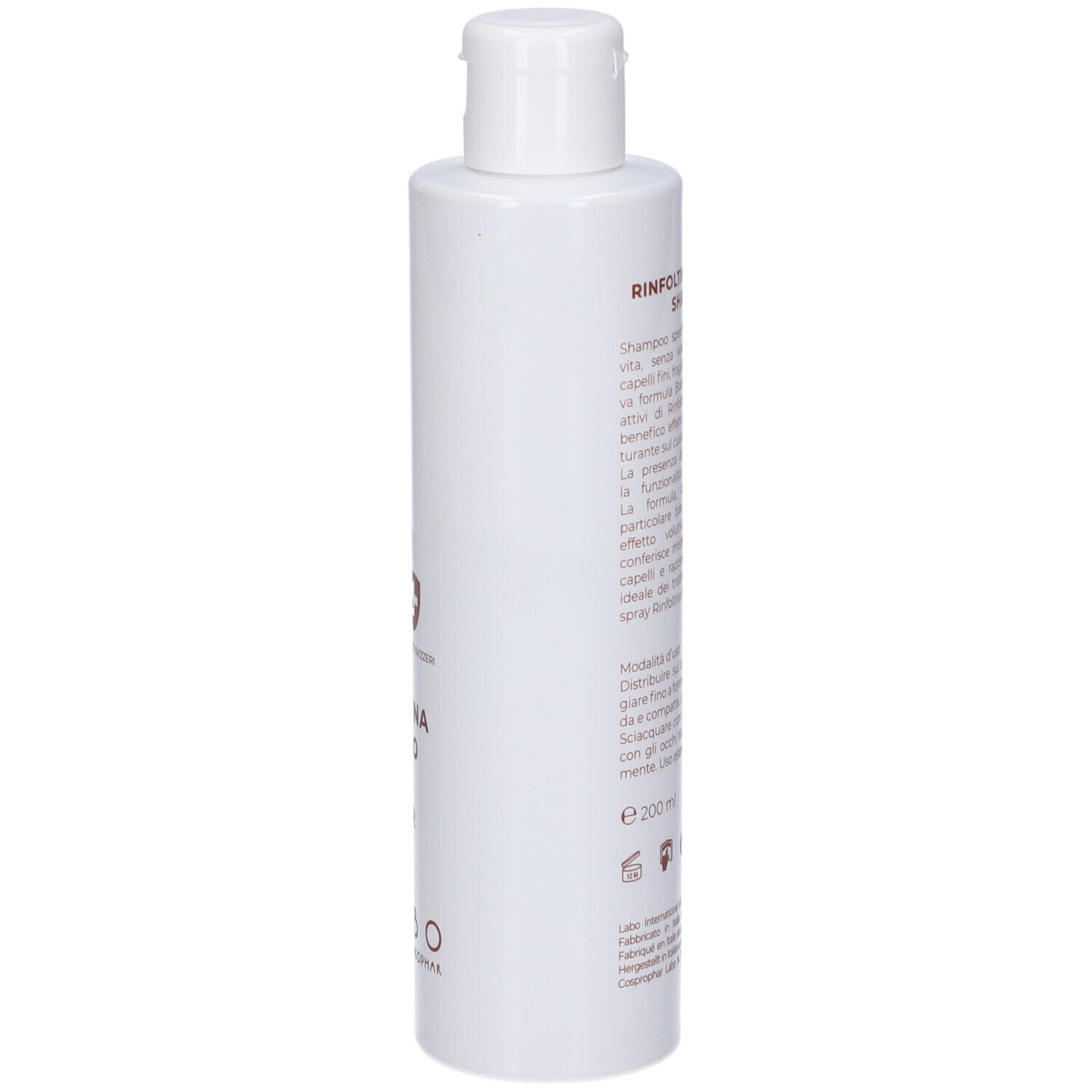 Flacone bianco con tappo flip-top bianco, contenuto 200ml.