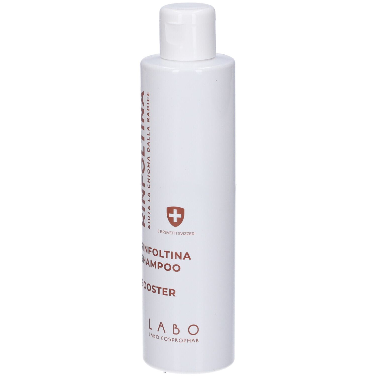 Flacone bianco con tappo flip-top bianco. Testo marrone e logo croce svizzera.
