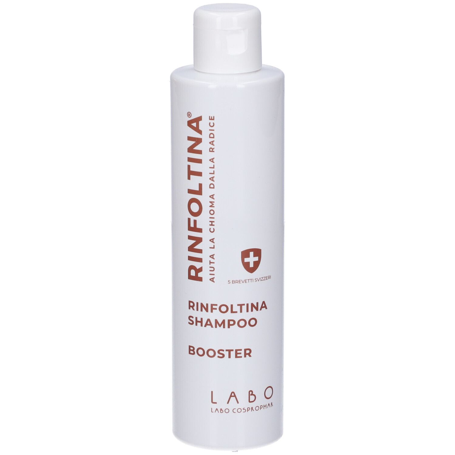 Flacone bianco Rinfeltina Shampoo Booster con simbolo croce rossa e testo.