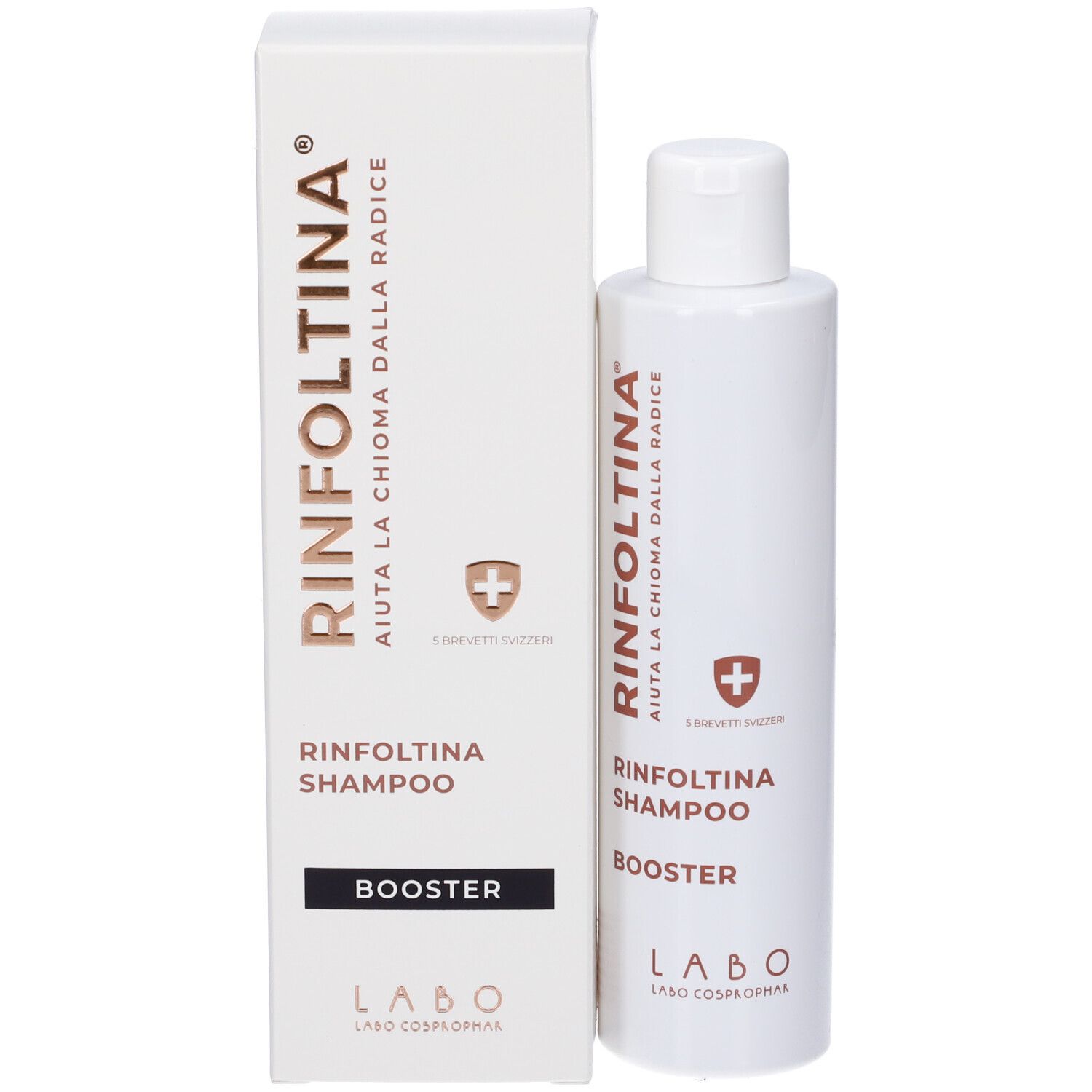 Flacone e scatola Rinfoltina Shampoo Booster. Bianco con scritte dorate.