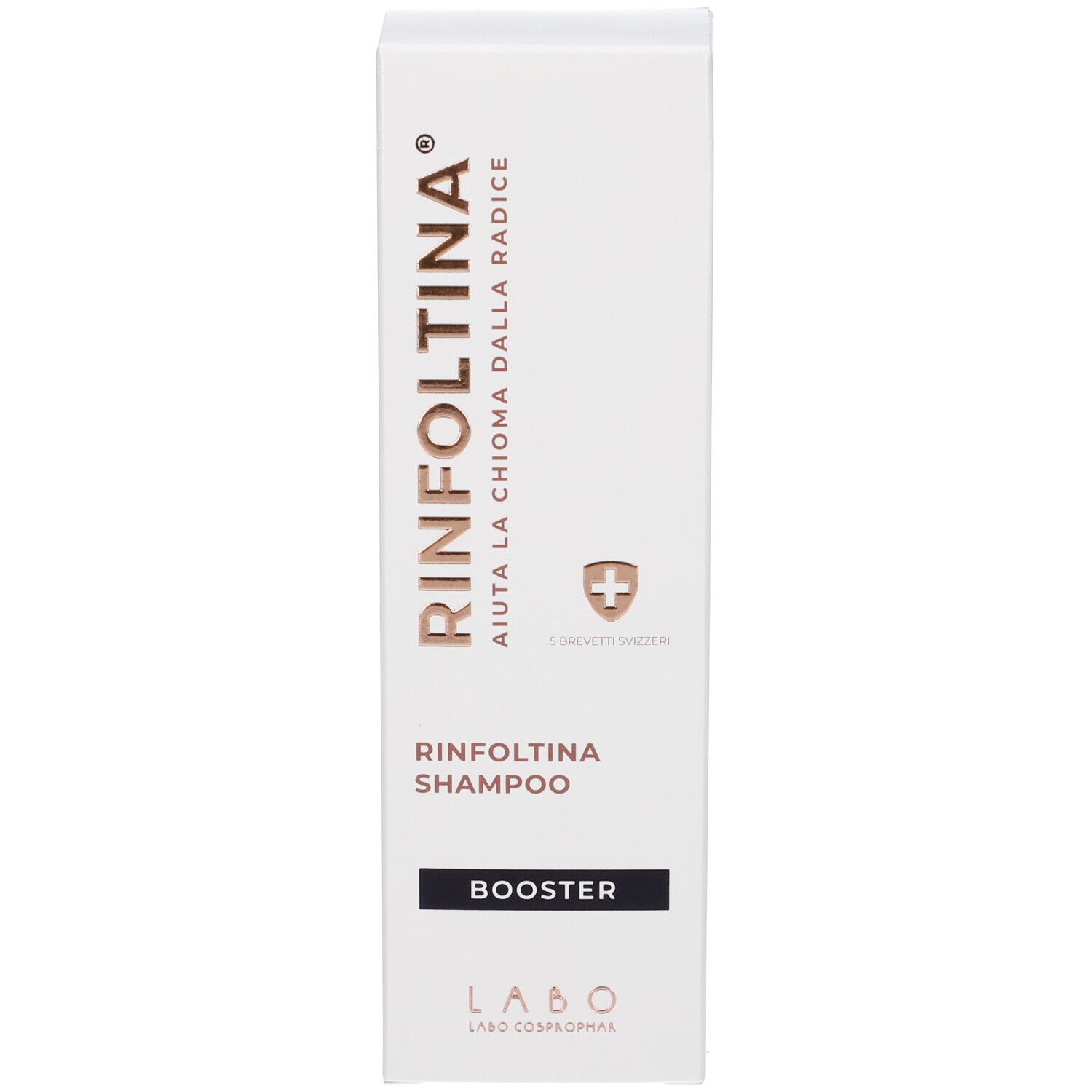 Confezione Rinfóltina Shampoo Booster con testo e simbolo scudo.