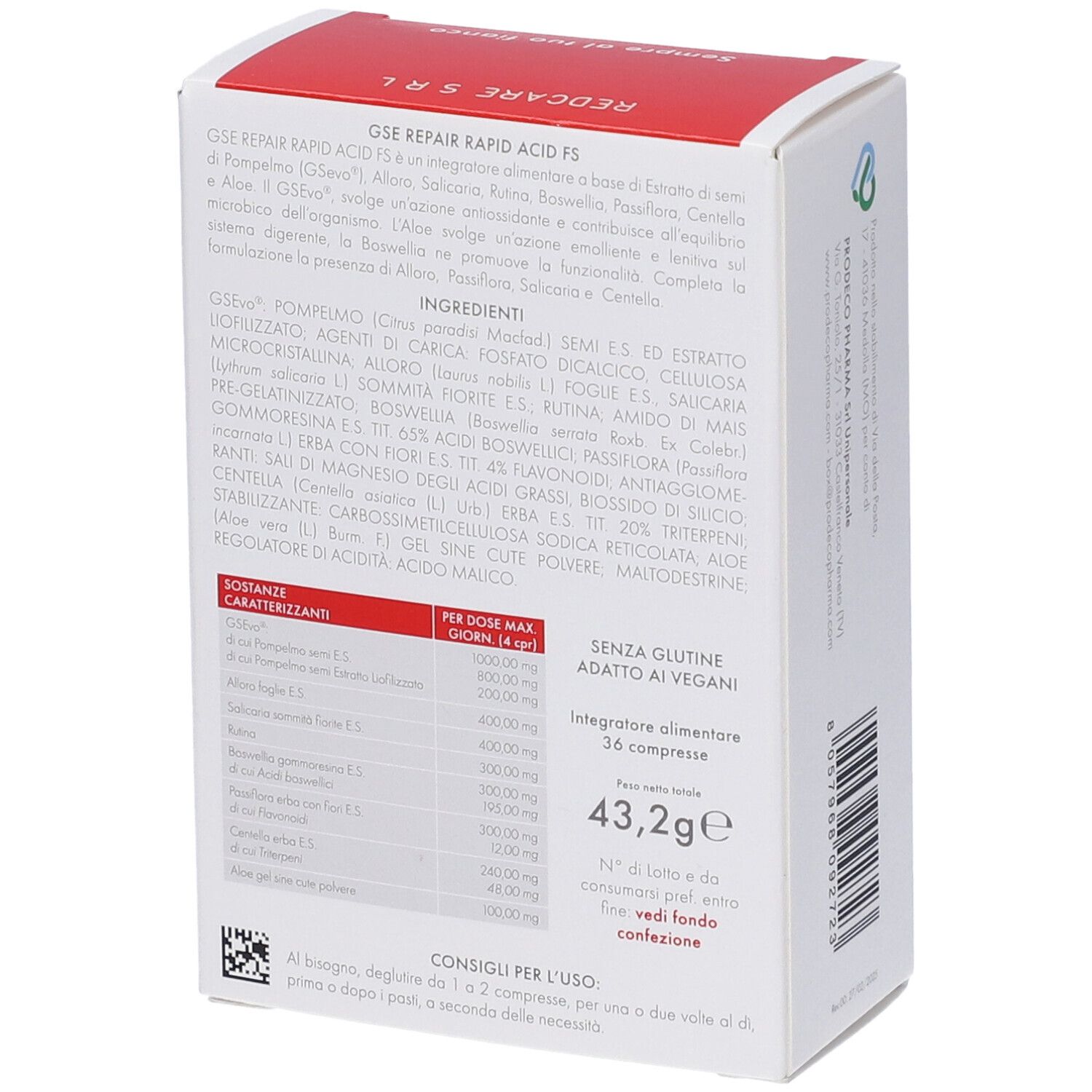Rückseite der GSE Repair Rapid Acid FS-Schachtel. Enthält Inhaltsstoffe, Nährwertangaben und Herstellerinformationen.