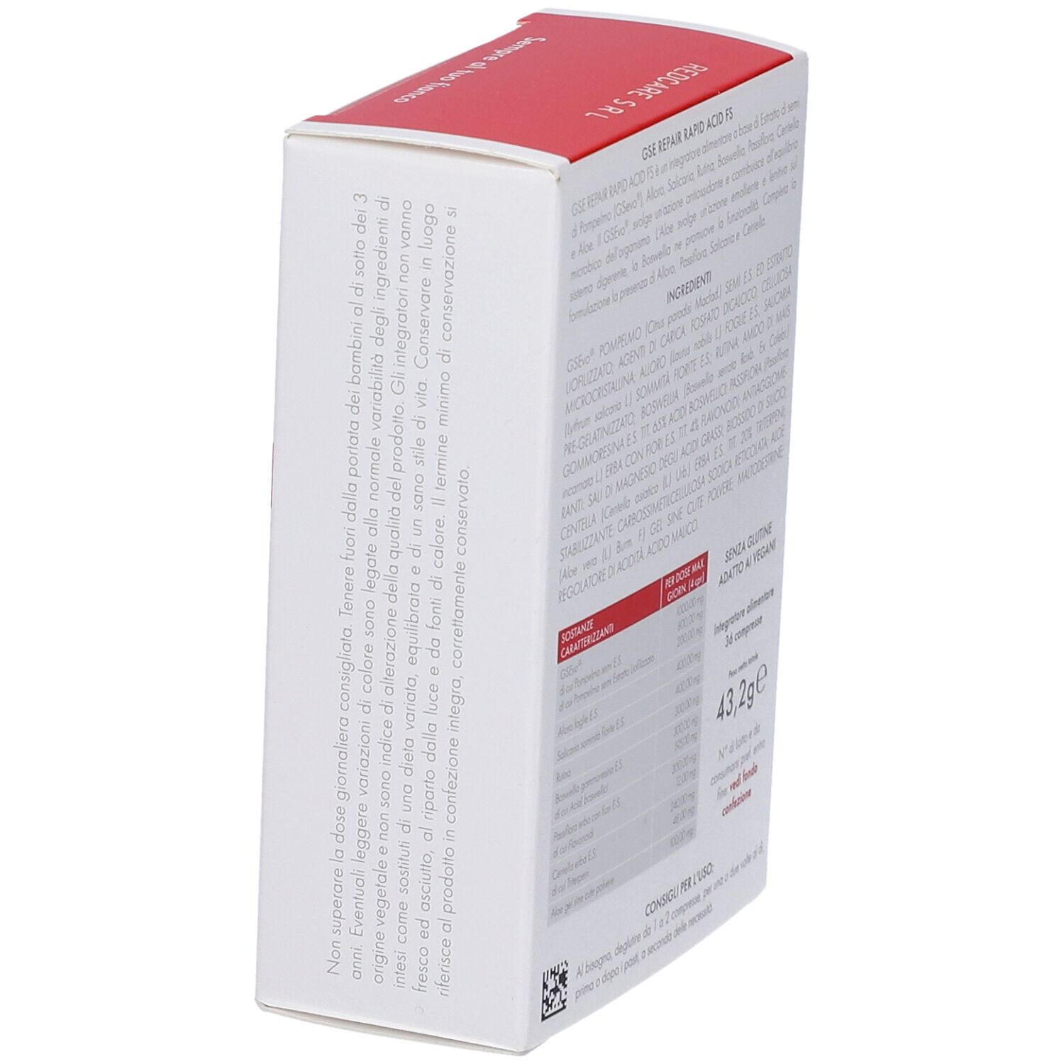 Seitenansicht der GSE Repair Rapid Acid FS-Schachtel. Text mit Gebrauchsanweisungen und Inhaltsstoffen.