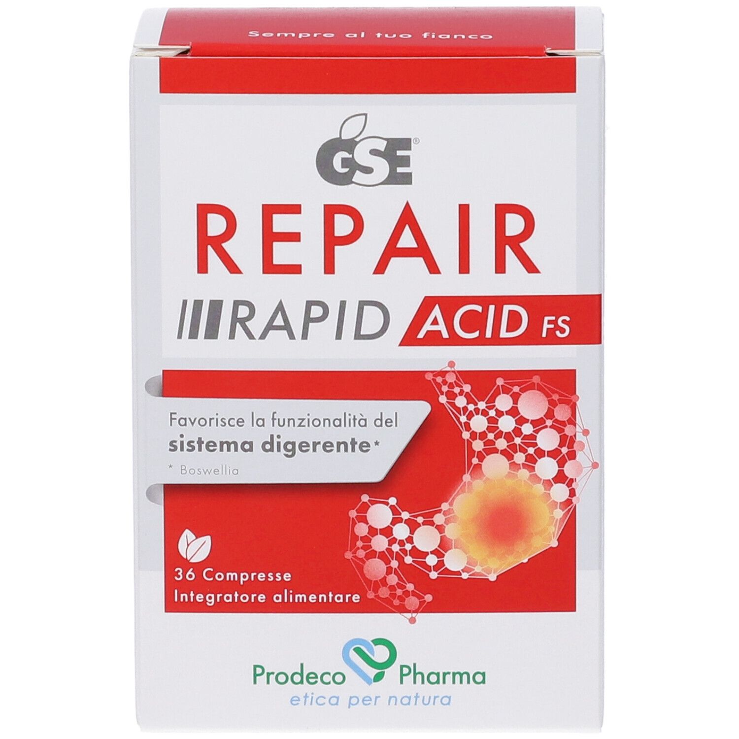Weiß-rote Schachtel mit GSE Repair Rapid Acid FS. Enthält 36 Tabletten. Produktname und Logo deutlich sichtbar.