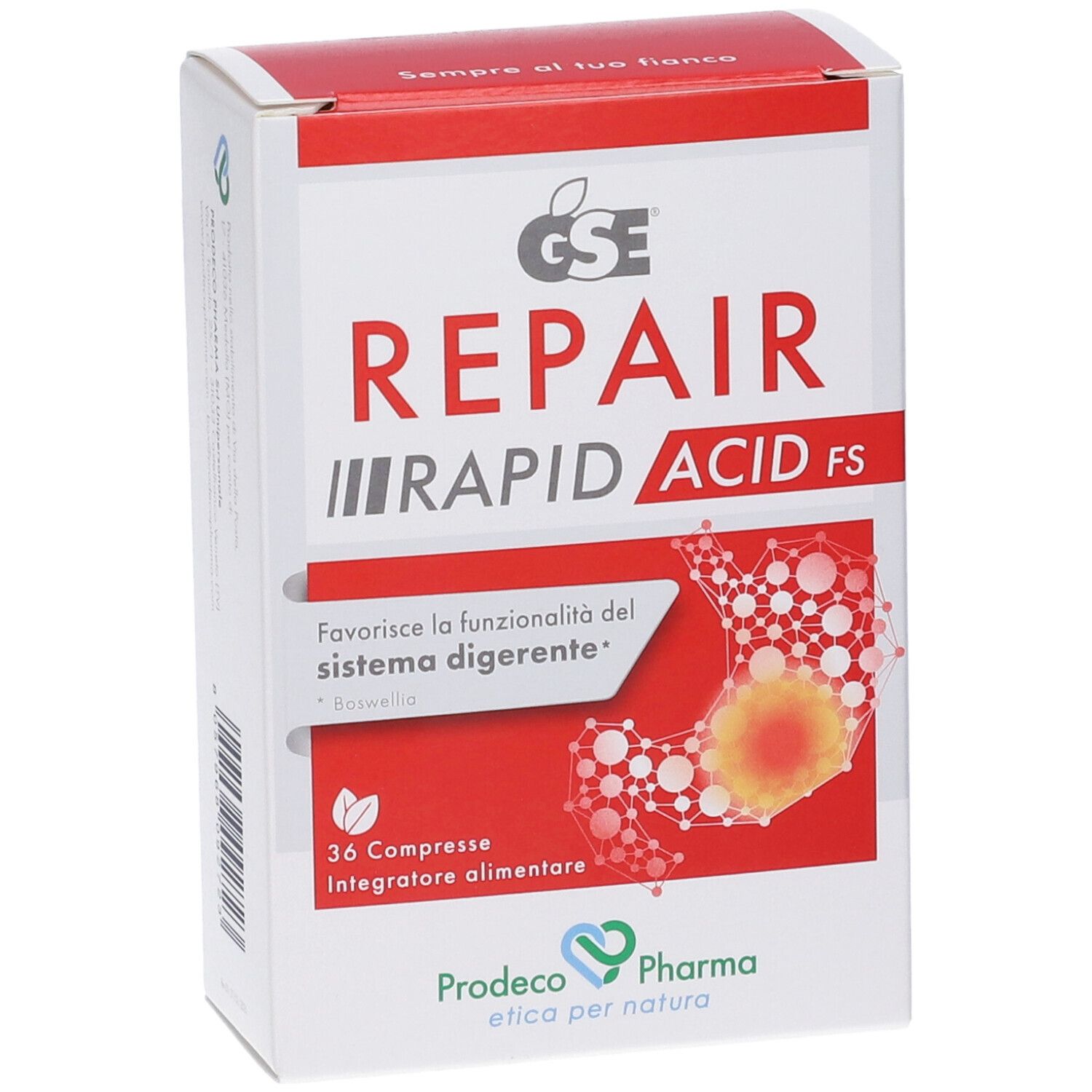 Weiß-rote Schachtel mit GSE Repair Rapid Acid FS. Enthält 36 Tabletten. Produktname und Logo deutlich sichtbar.