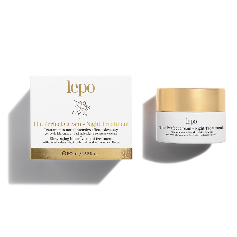 Vaso di crema e confezione. Scritta: lepo, The Perfect Cream - Night Treatment. Trattamento notte intensivo effetto slow-age.