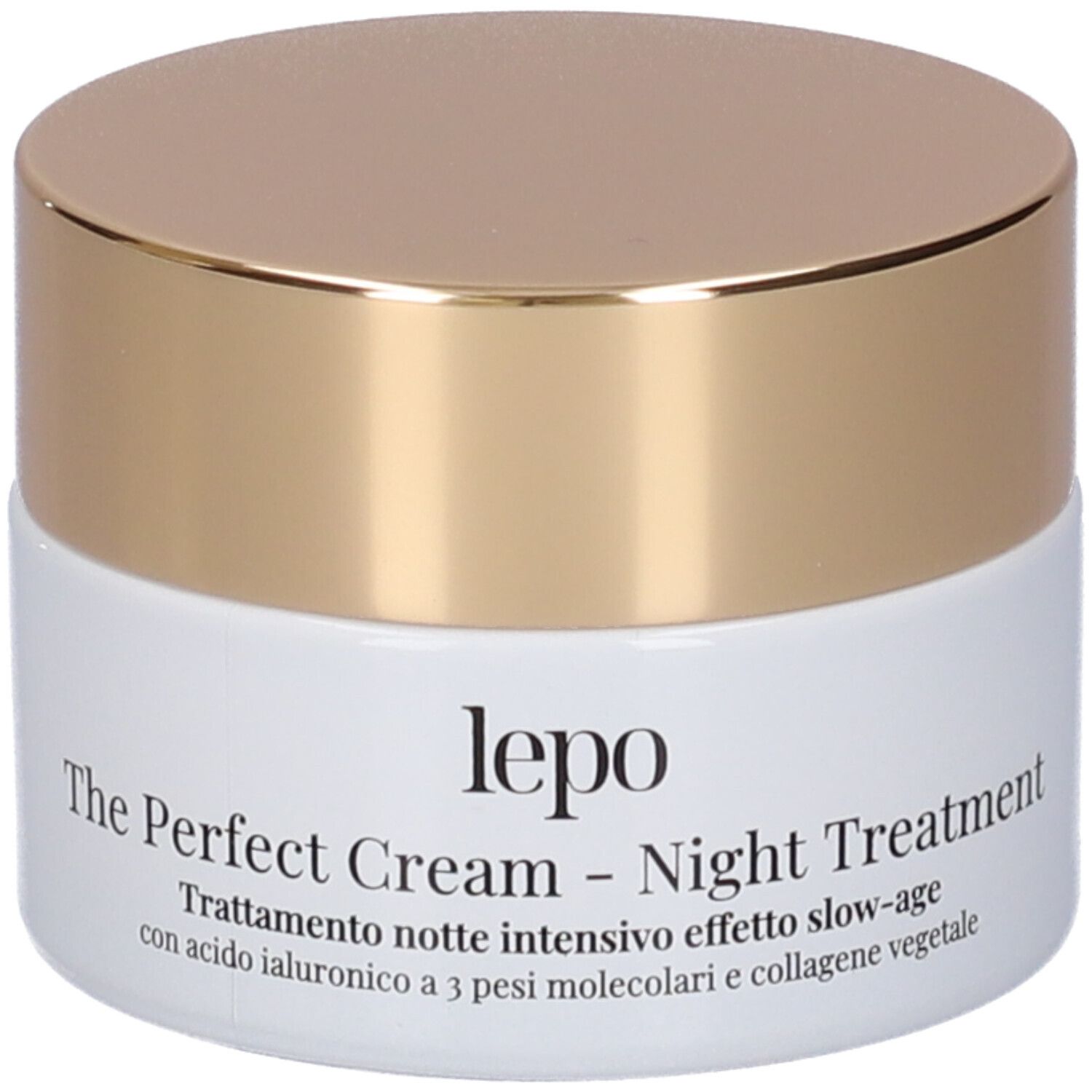 Vaso di crema con coperchio dorato. Scritta: lepo, The Perfect Cream - Night Treatment. Testo in italiano.