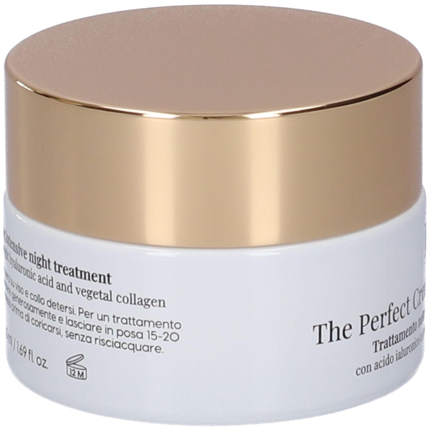 Vaso di crema con coperchio dorato. Scritta: The Perfect Cream - Night Treatment. Testo in italiano.