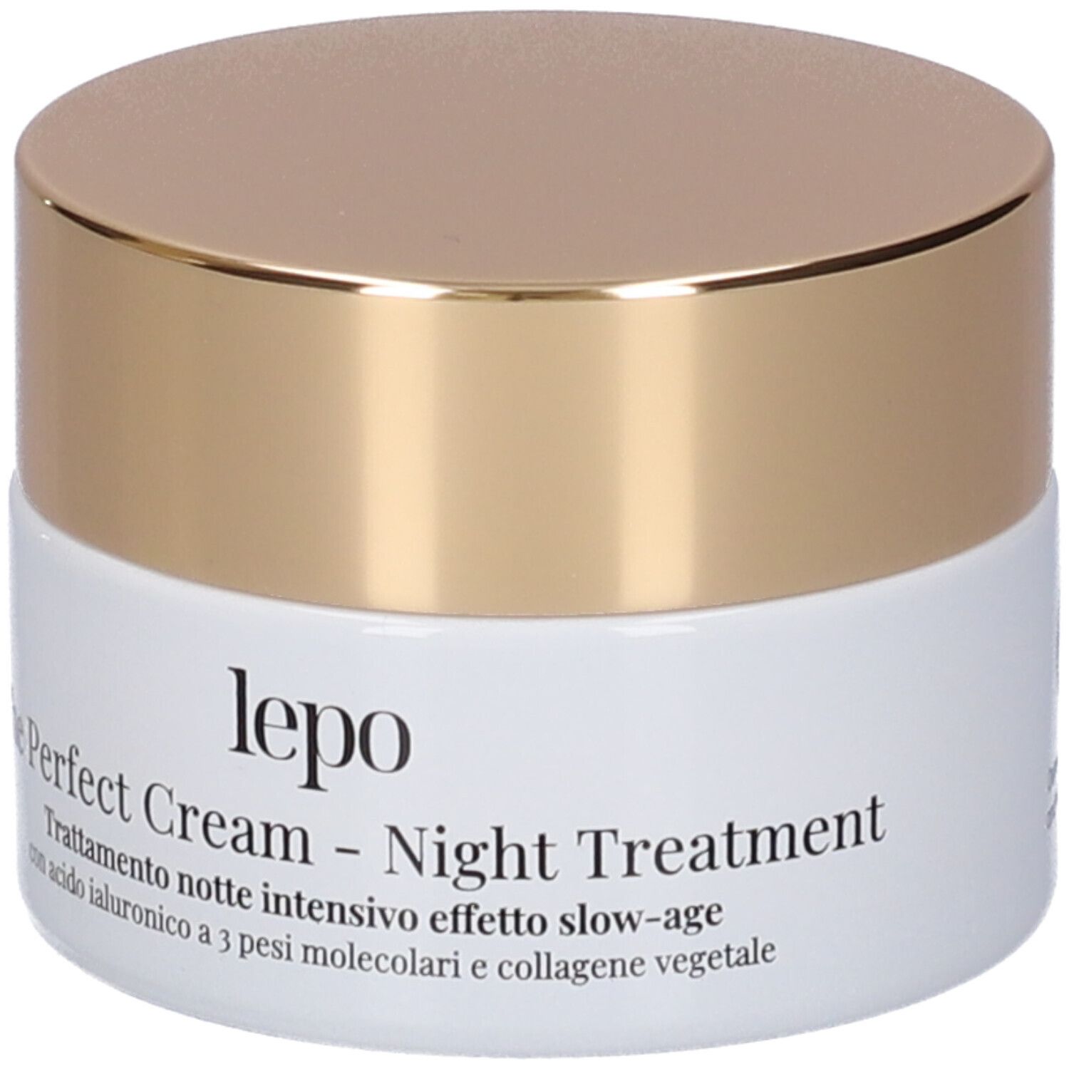 Vaso di crema con coperchio dorato. Scritta: lepo, The Perfect Cream - Night Treatment. Testo in italiano.